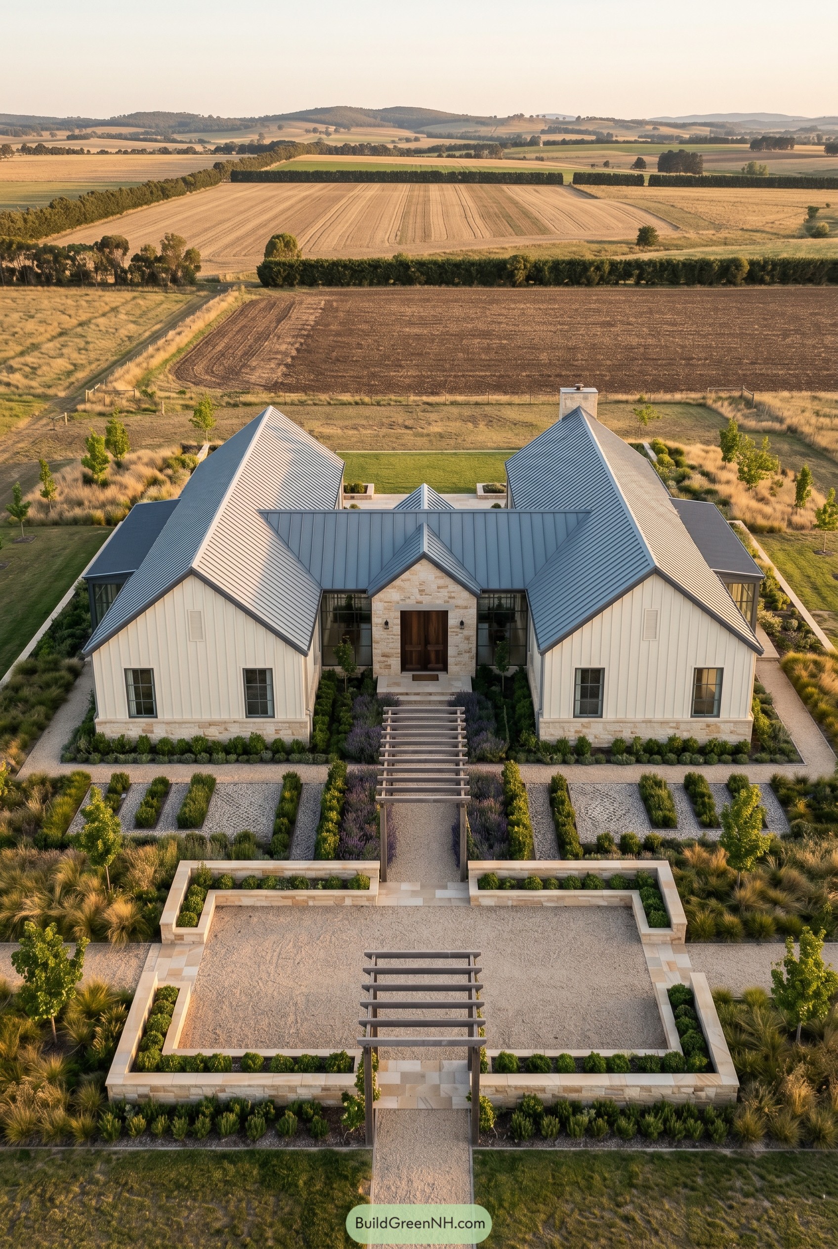 Symmetrical white gabled house with formal garden