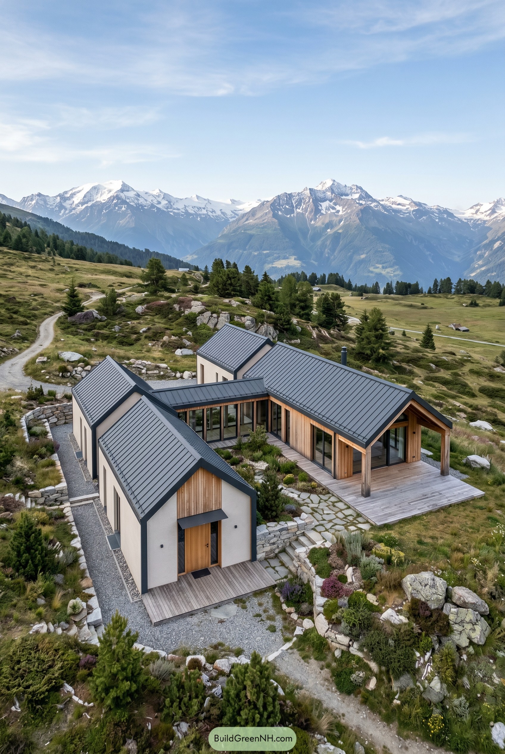 Modern alpine house with linked gabled wings