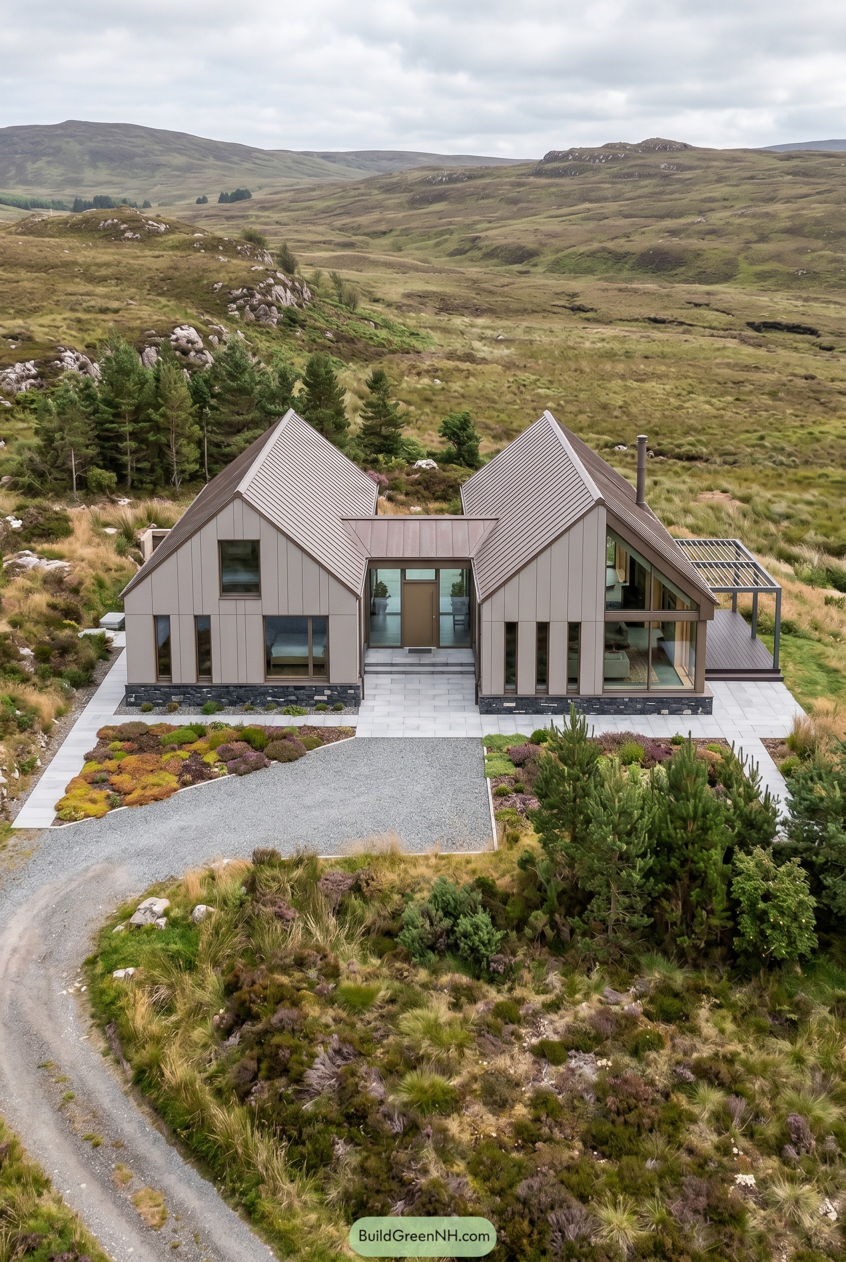 Modern twin gabled house in open moorland