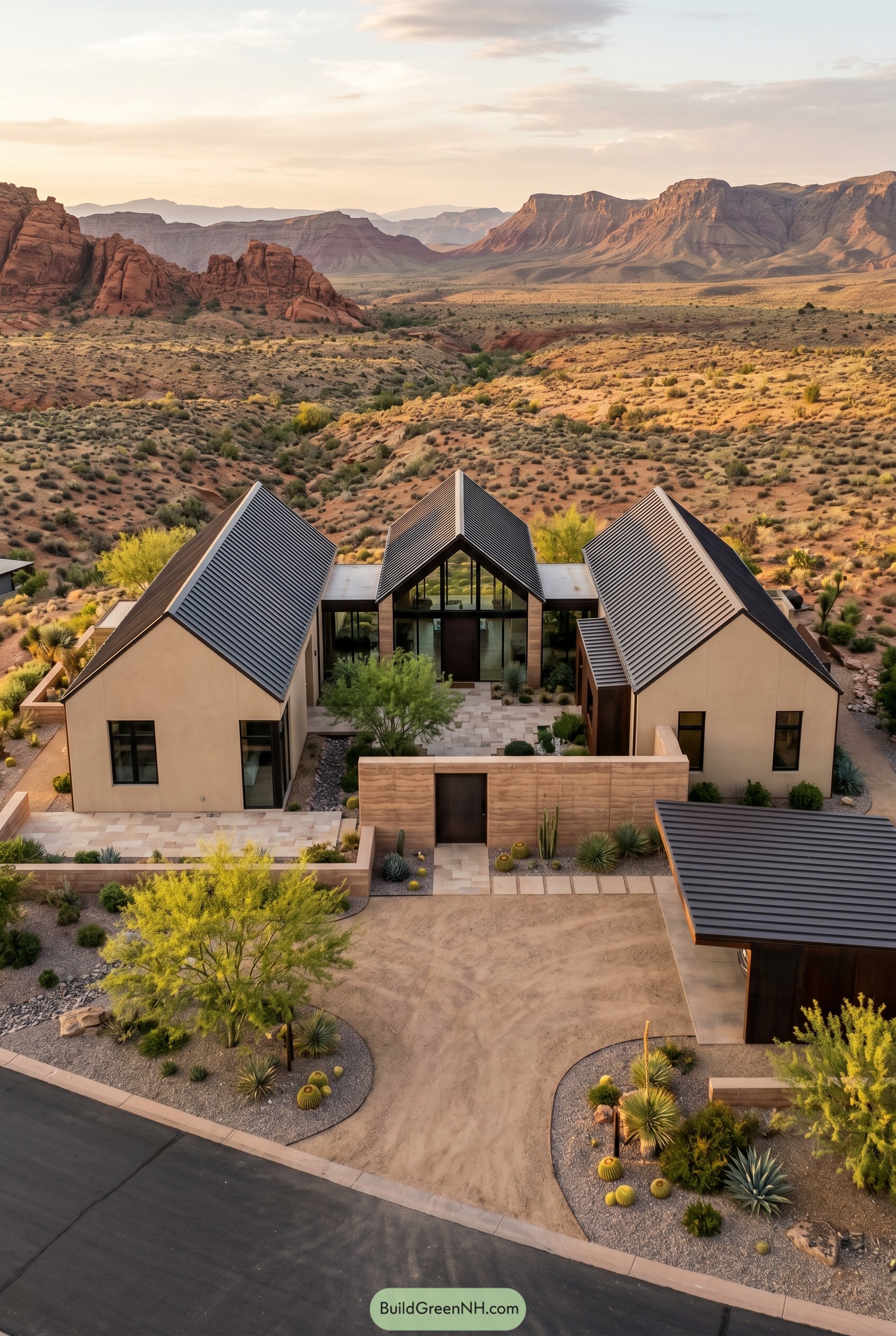 Three gabled desert home with walled courtyard