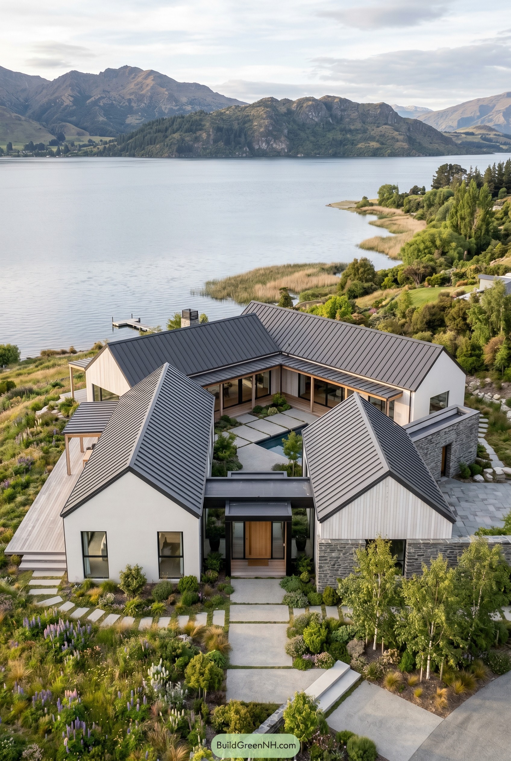 Large modern gabled house on a lakeshore
