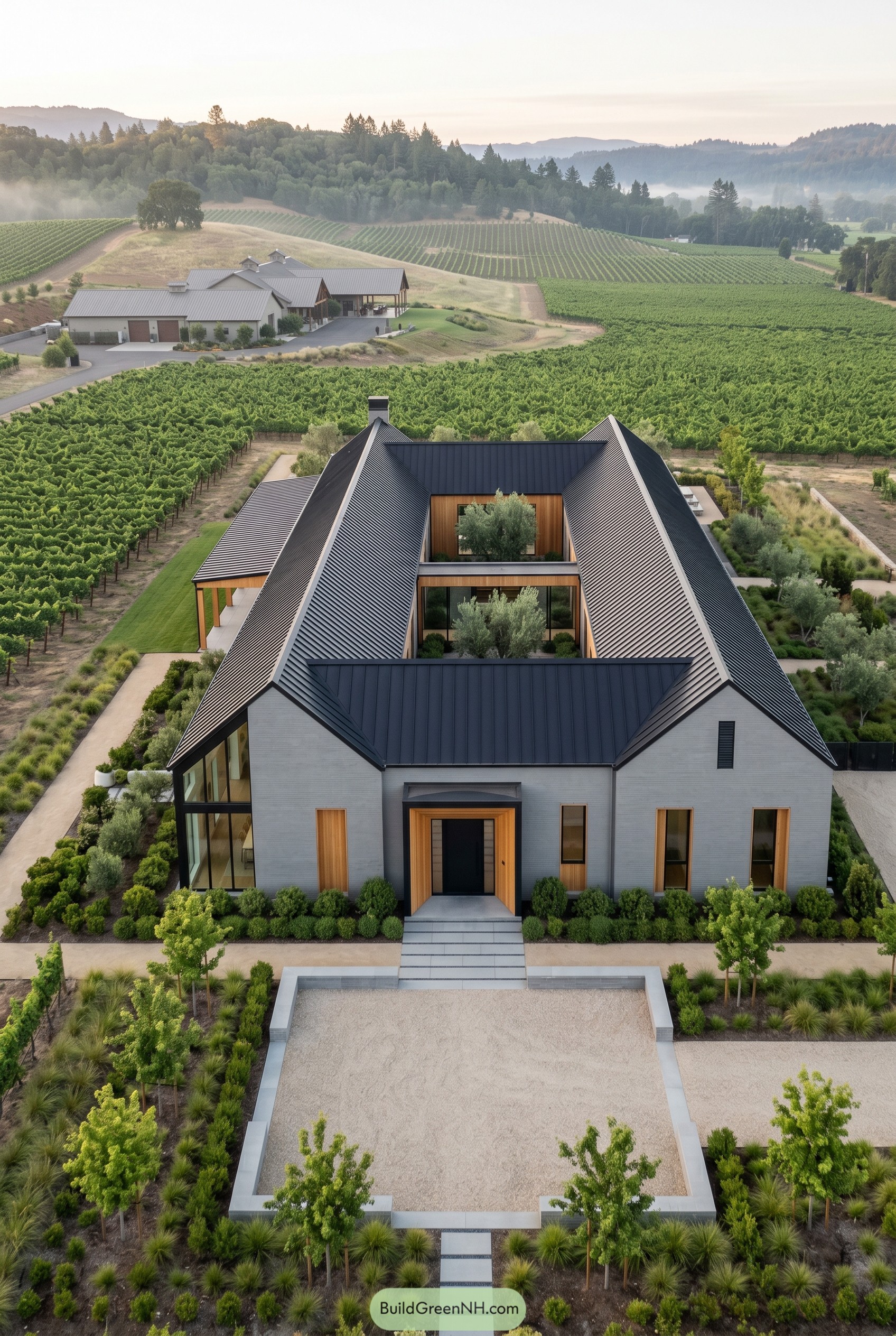 A modern gabled courtyard house set in vineyards