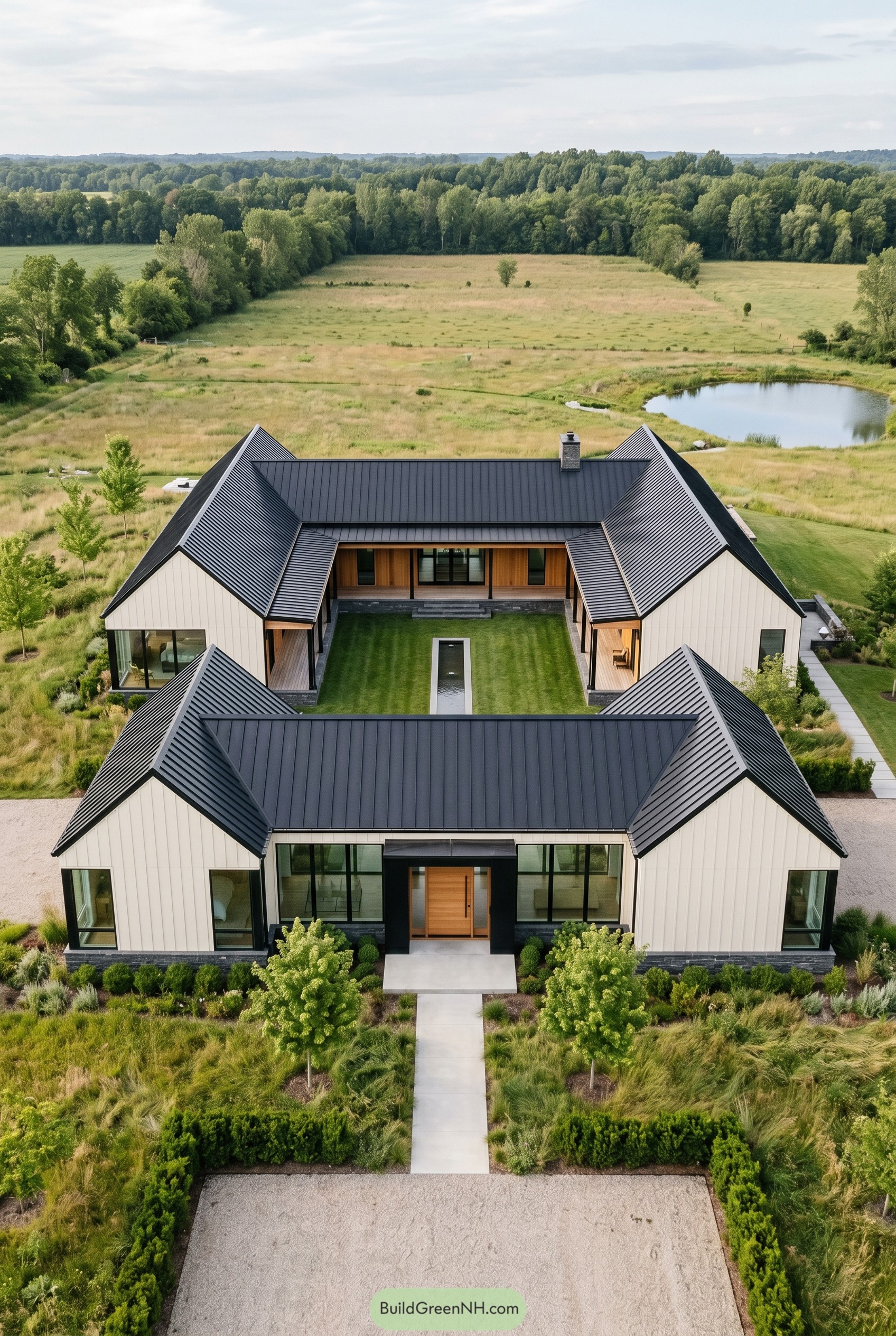 Large modern courtyard house with black gabled roofs