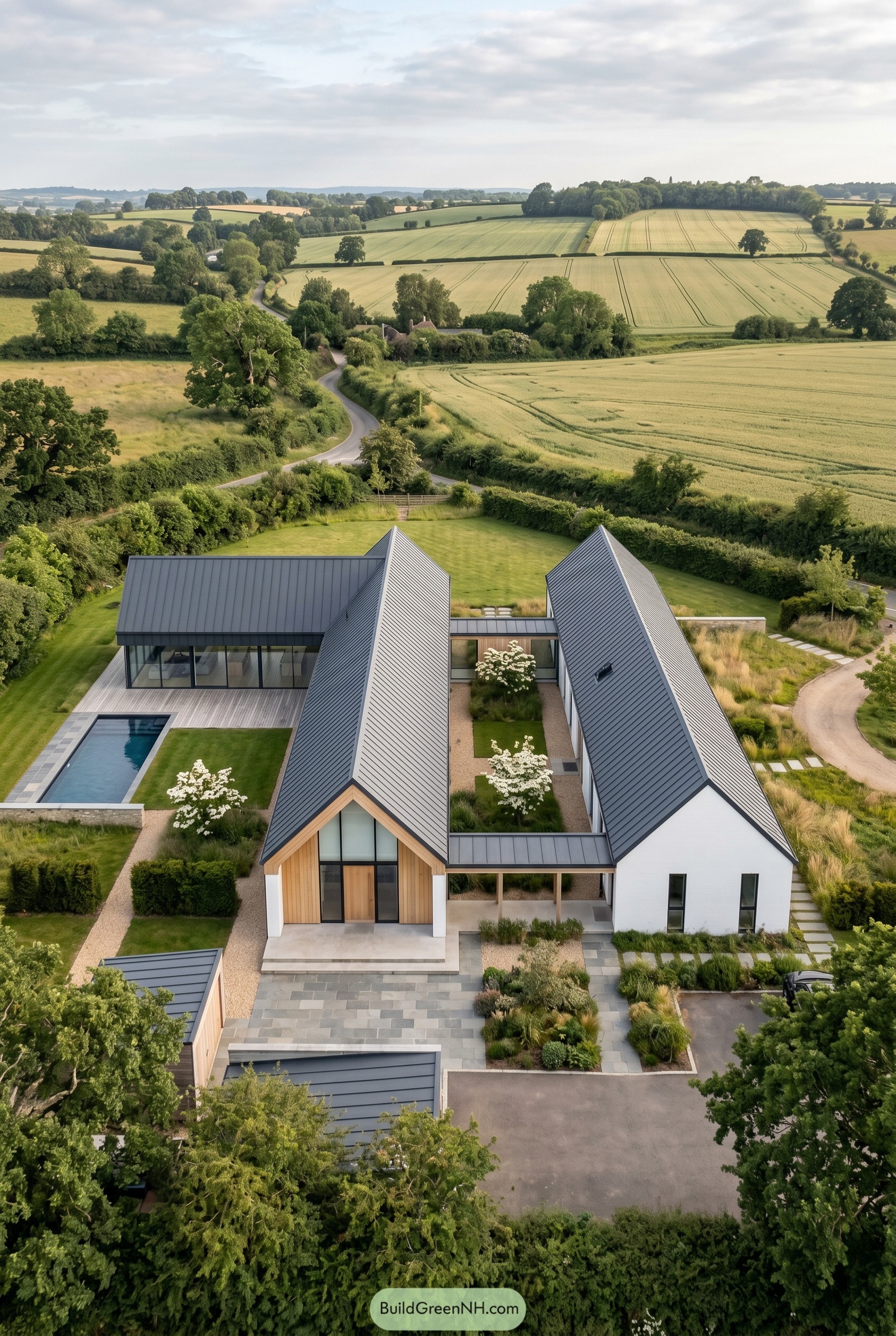 Modern one story gabled house with courtyard and pool