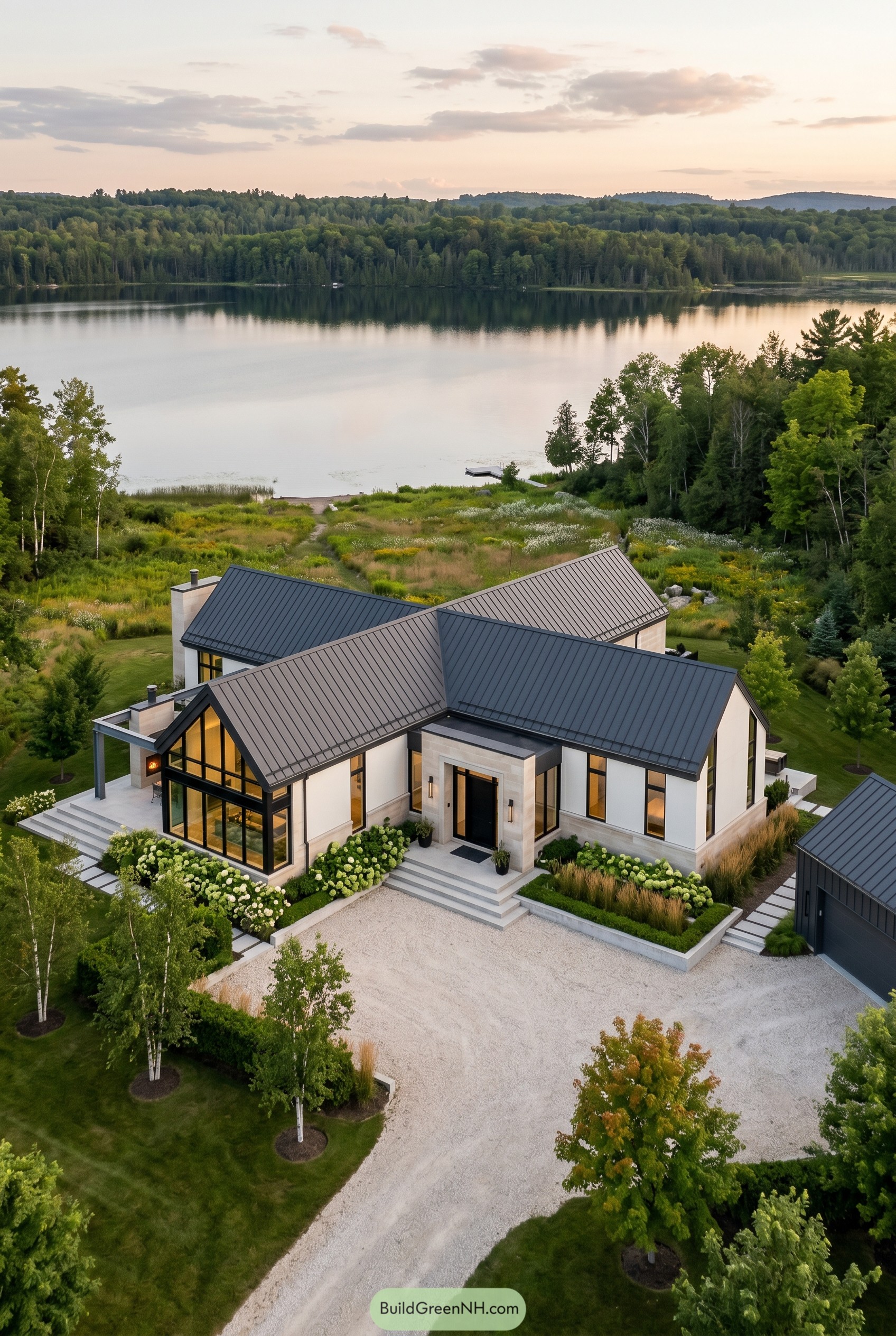 Modern lakeside house with intersecting gables