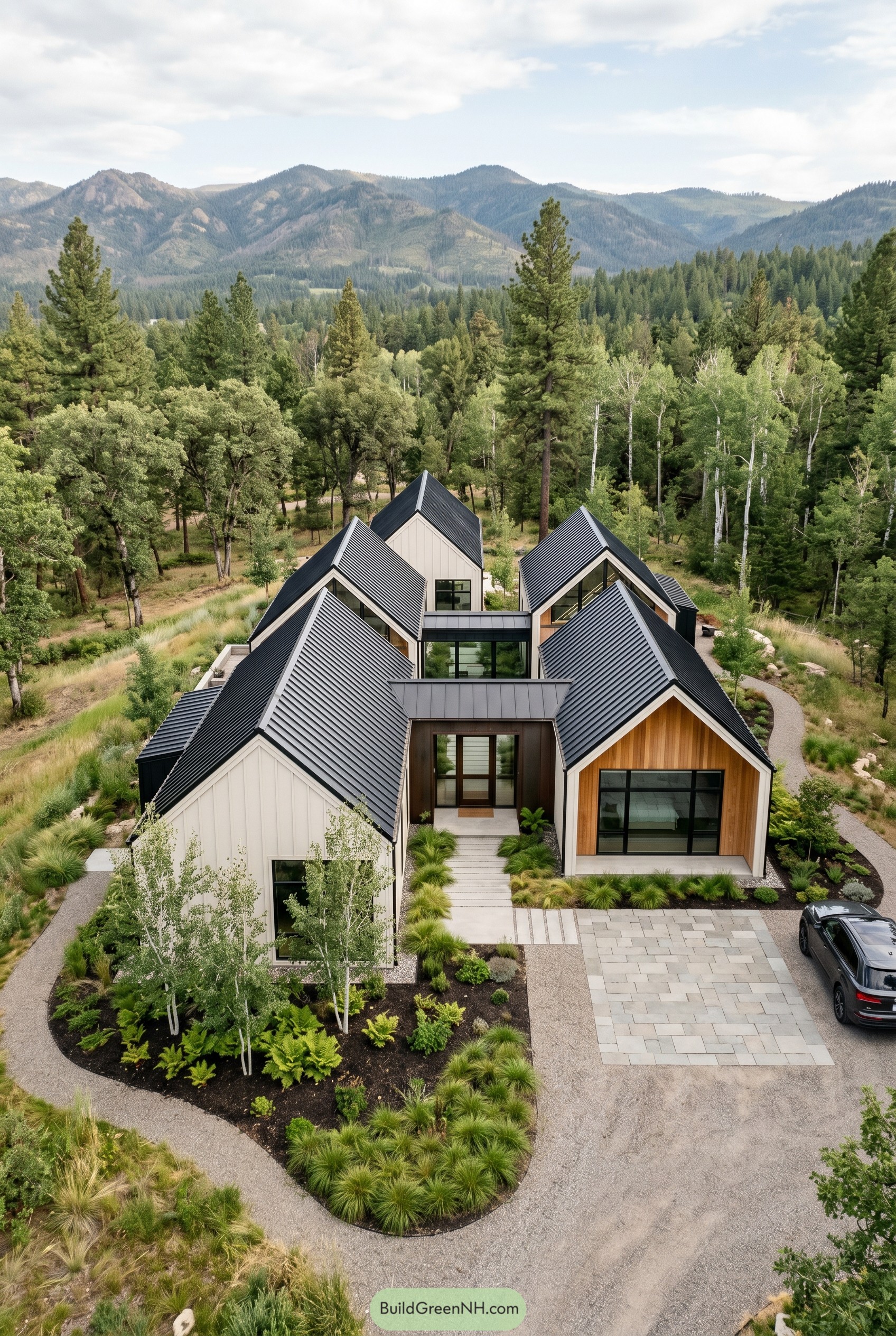 Modern multi gabled house in a forest clearing