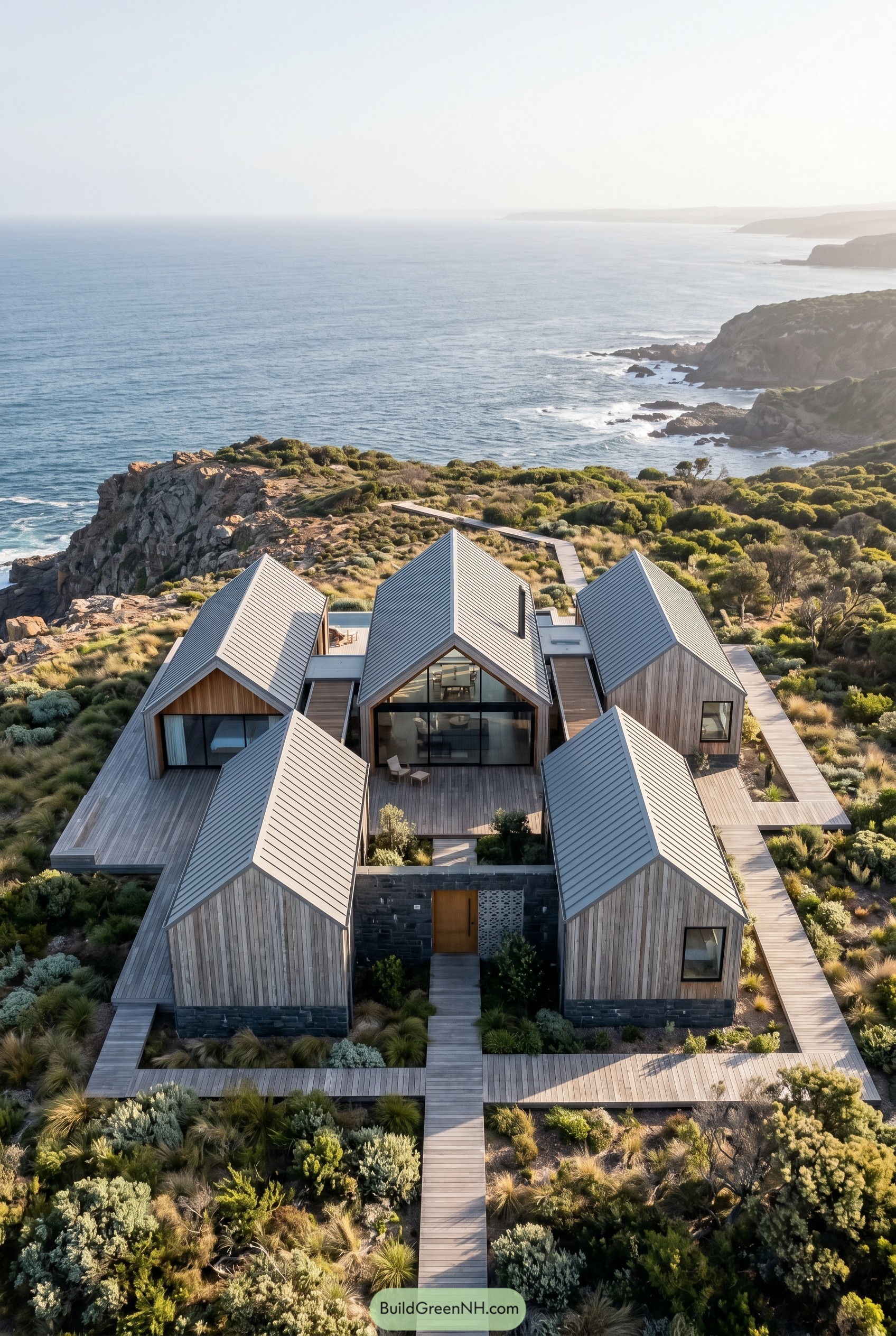 Clustered modern gabled house on a coastal bluff