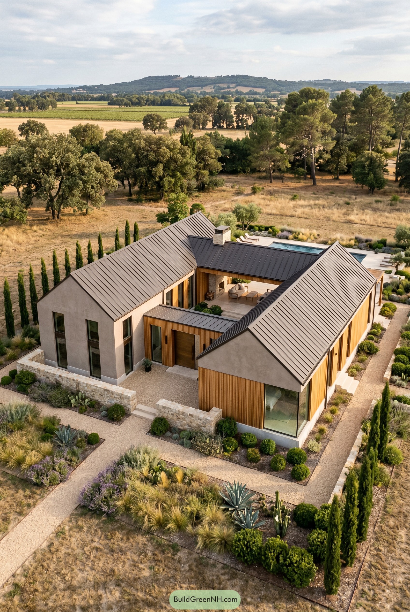 U shaped modern stucco and wood home with courtyard pool