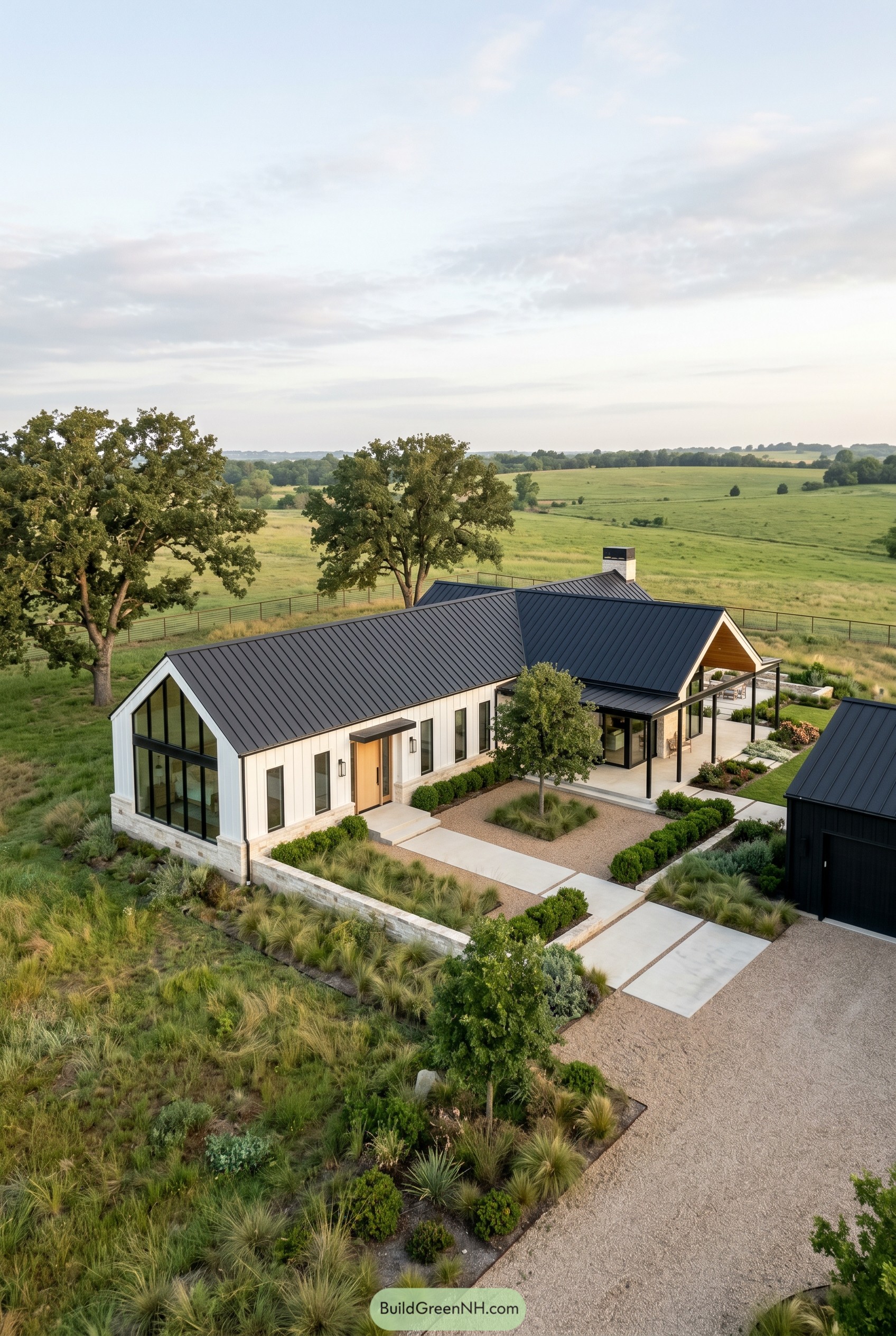 Modern one story gabled house with courtyard and black metal roof