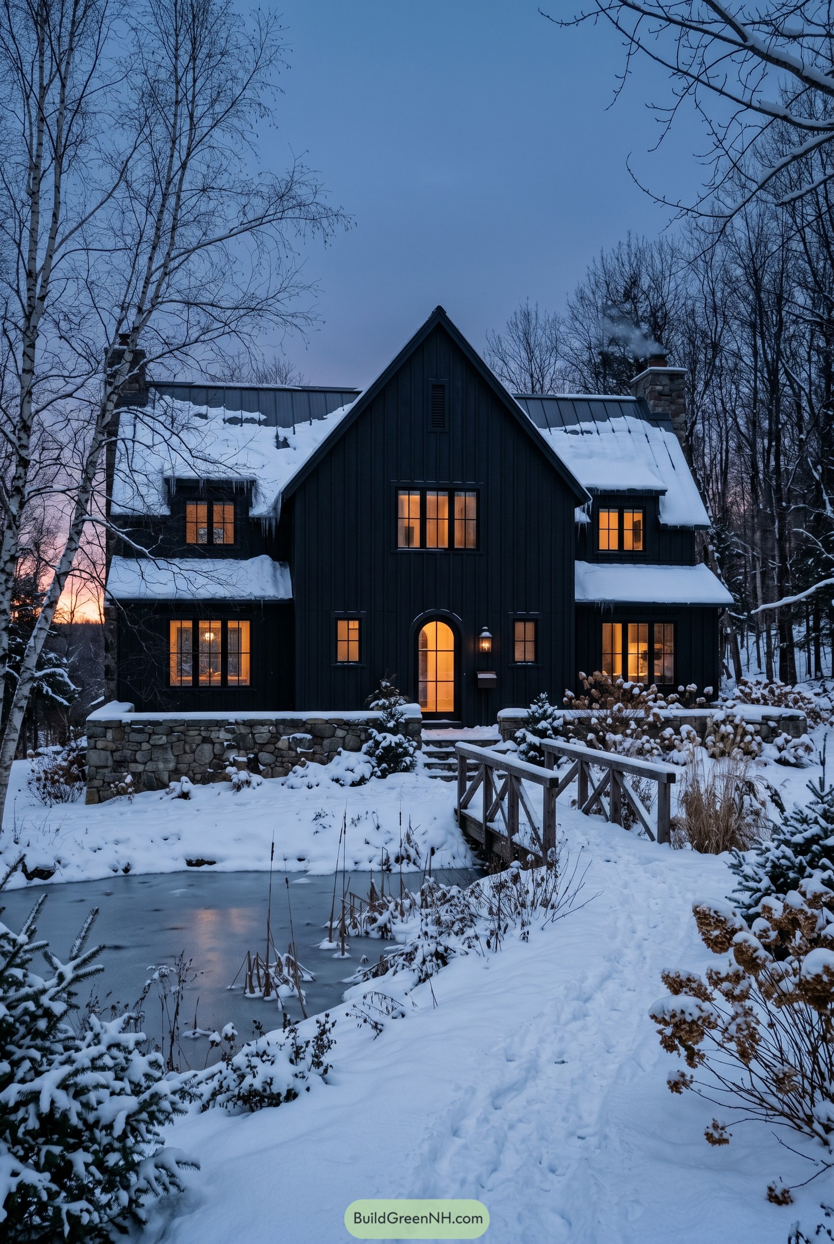 Black gable cottage beside a snowy pond