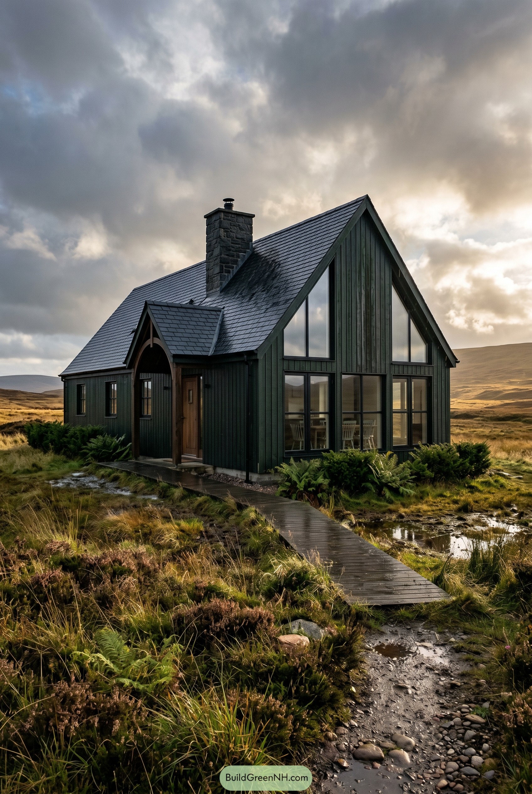 Dark green modern gable house on moorland