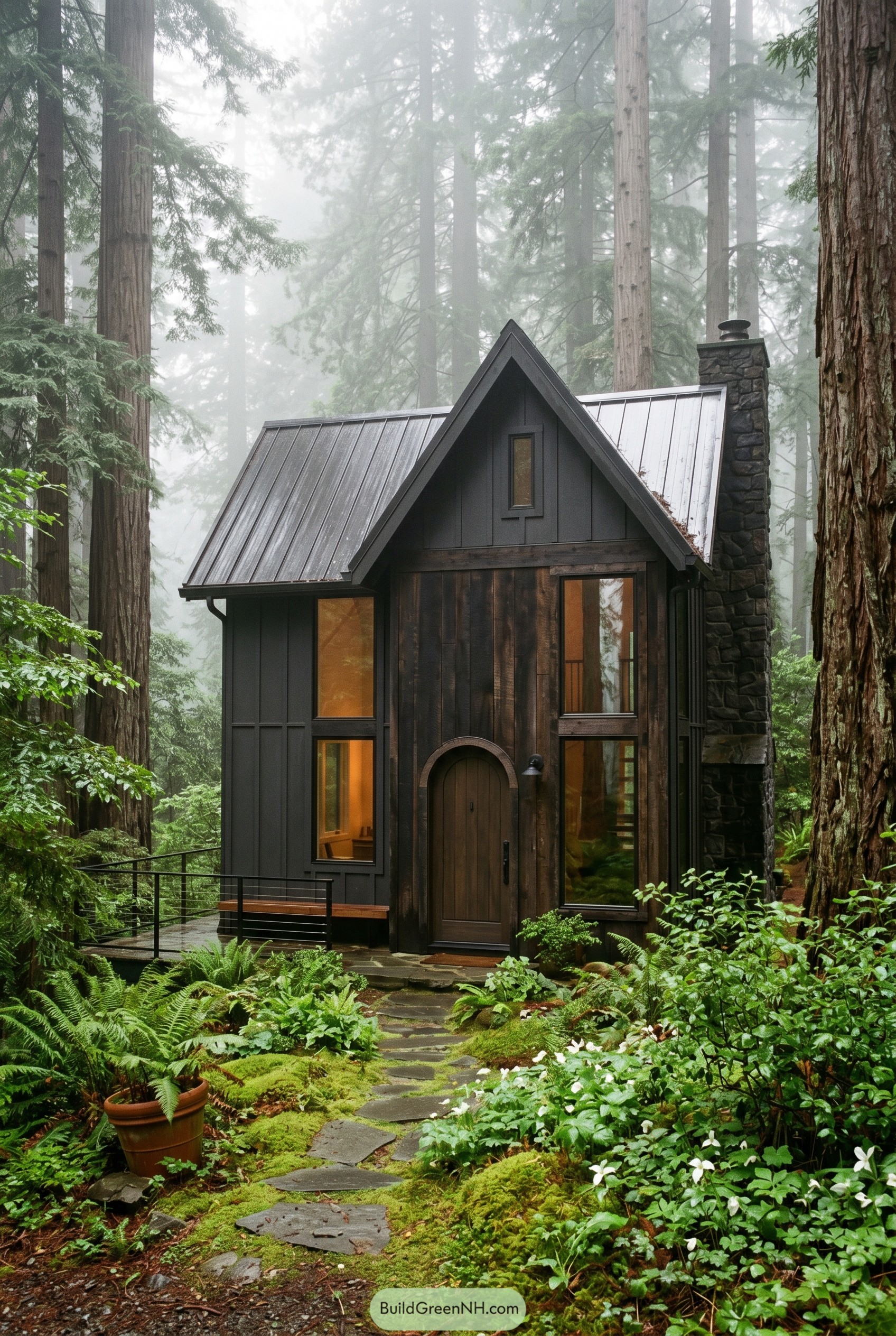 Dark modern gable cottage in a misty redwood forest