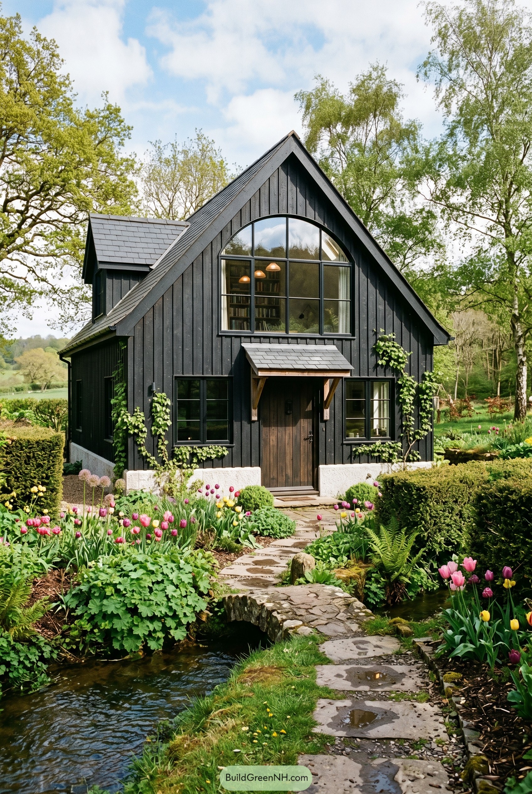 Dark gabled house with arched window and garden stream