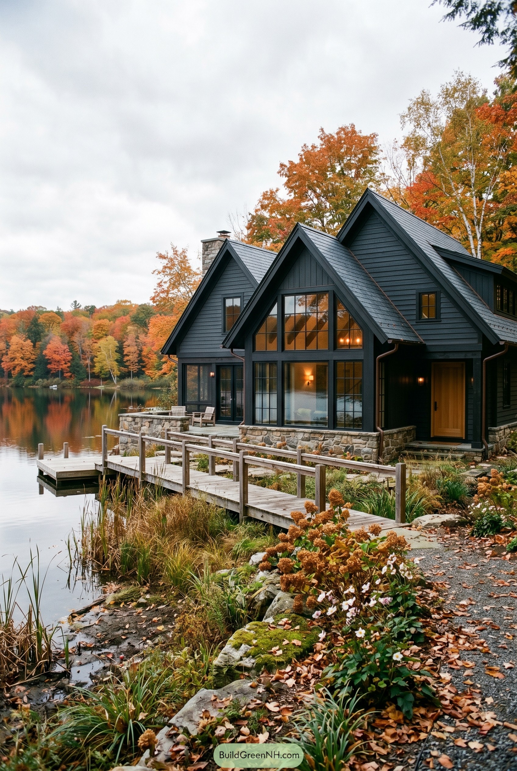 Dark triple gable cottage by a lake in autumn