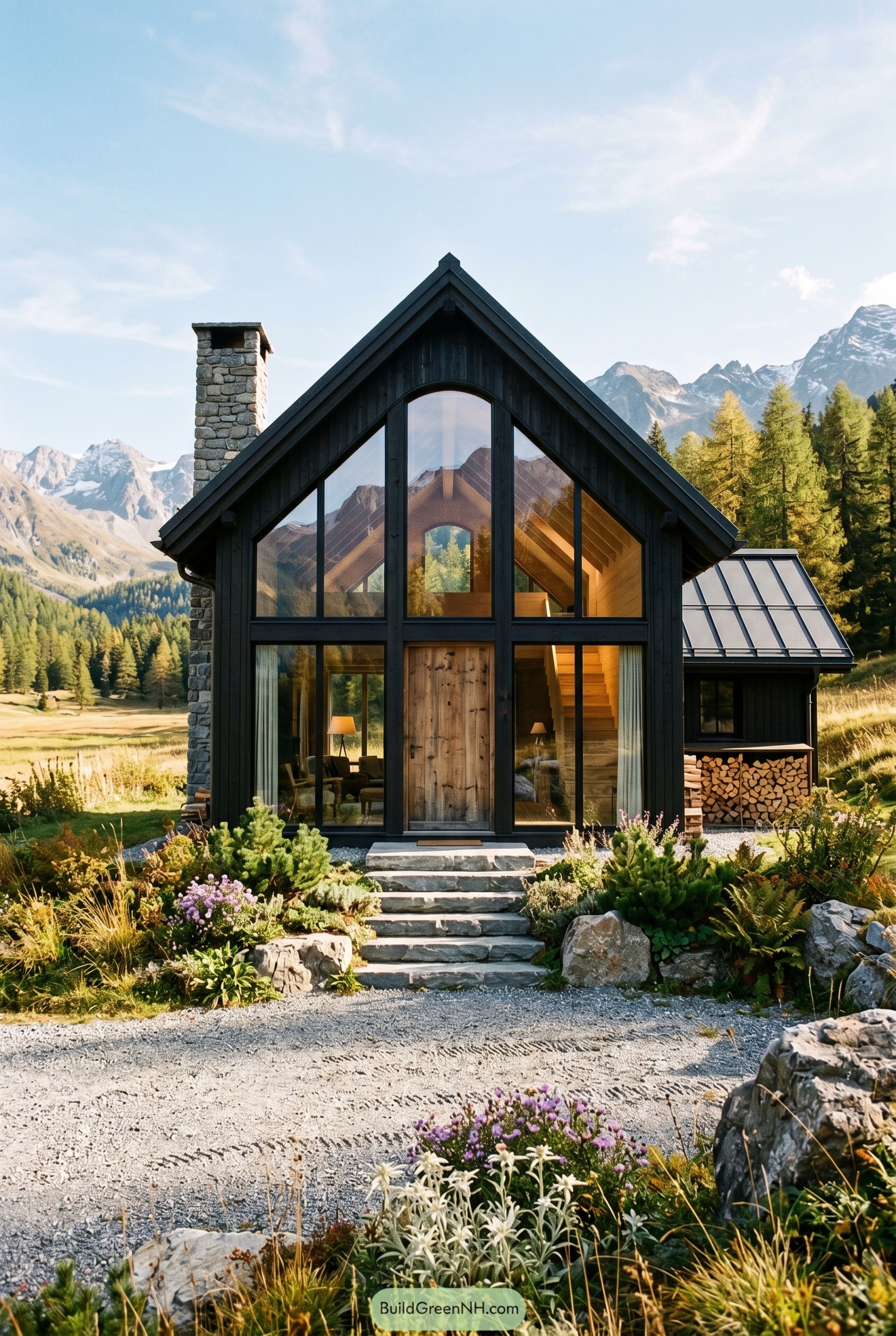 Black gable chalet with arched glass front and stone chimney