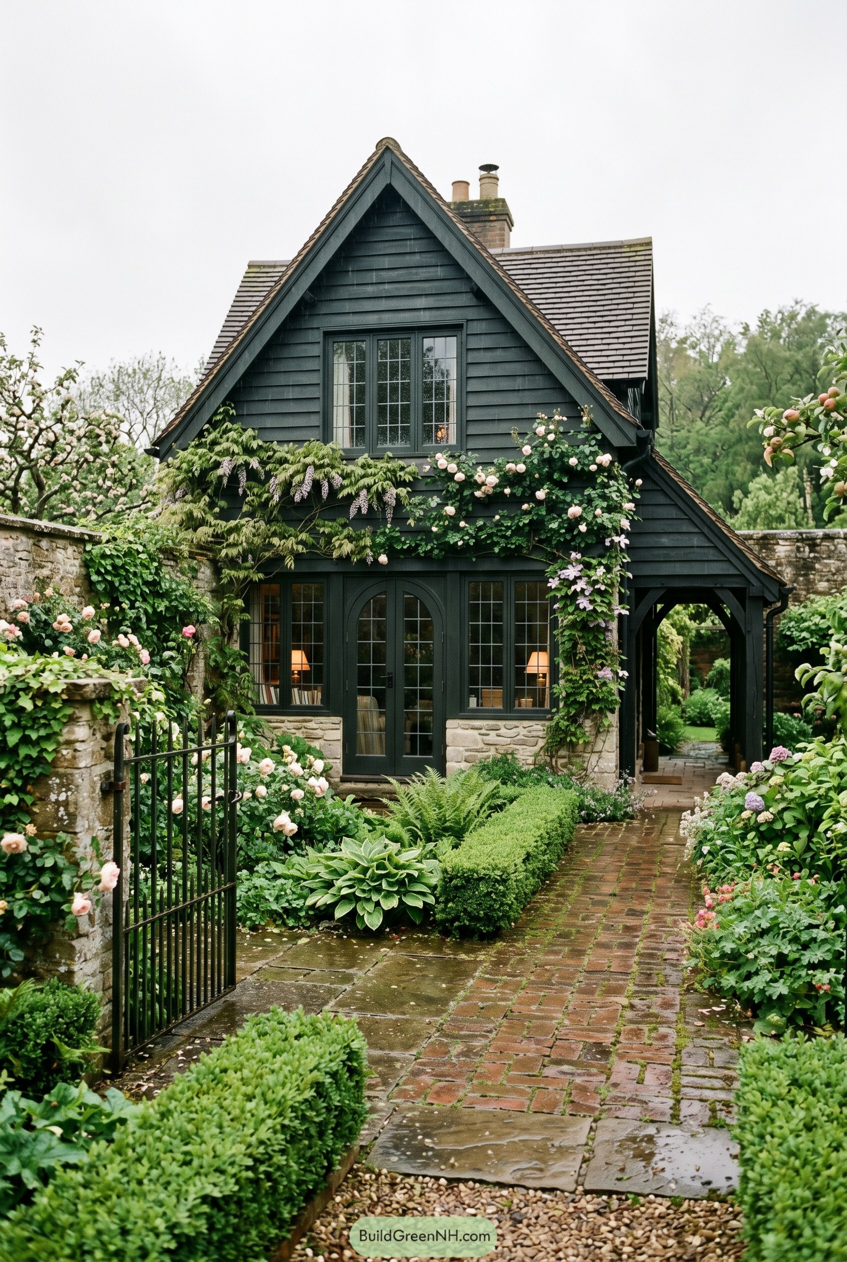 Dark gabled cottage with climbing roses and brick path