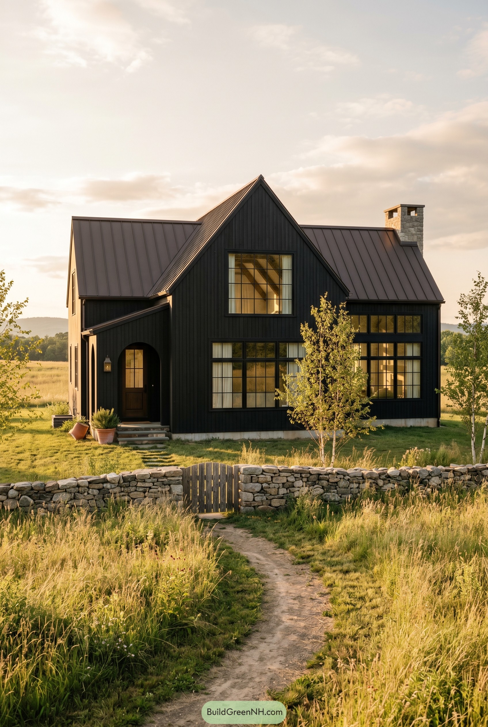 Black modern gable cottage with arched entry