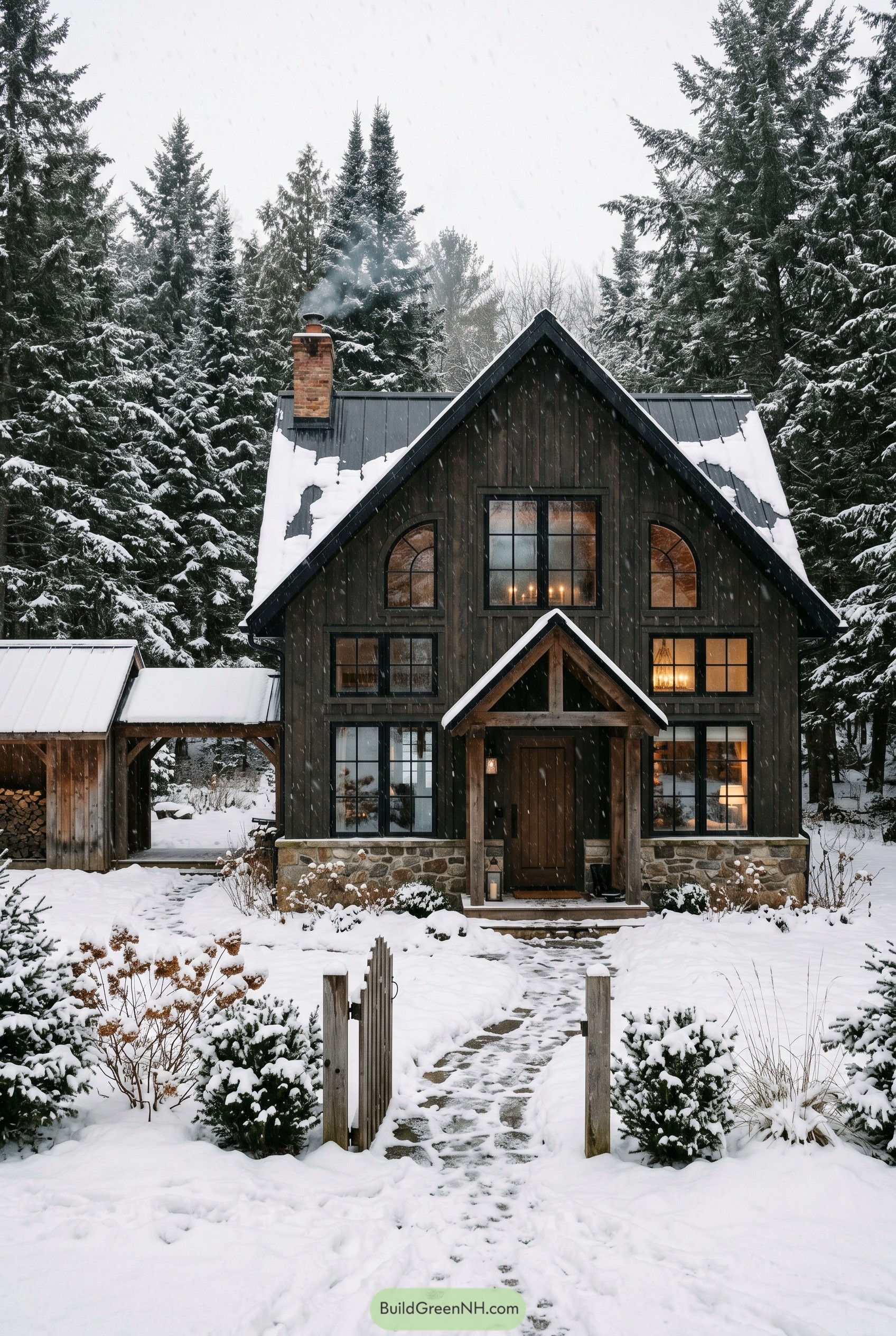 Dark timber gable house in snowy pines