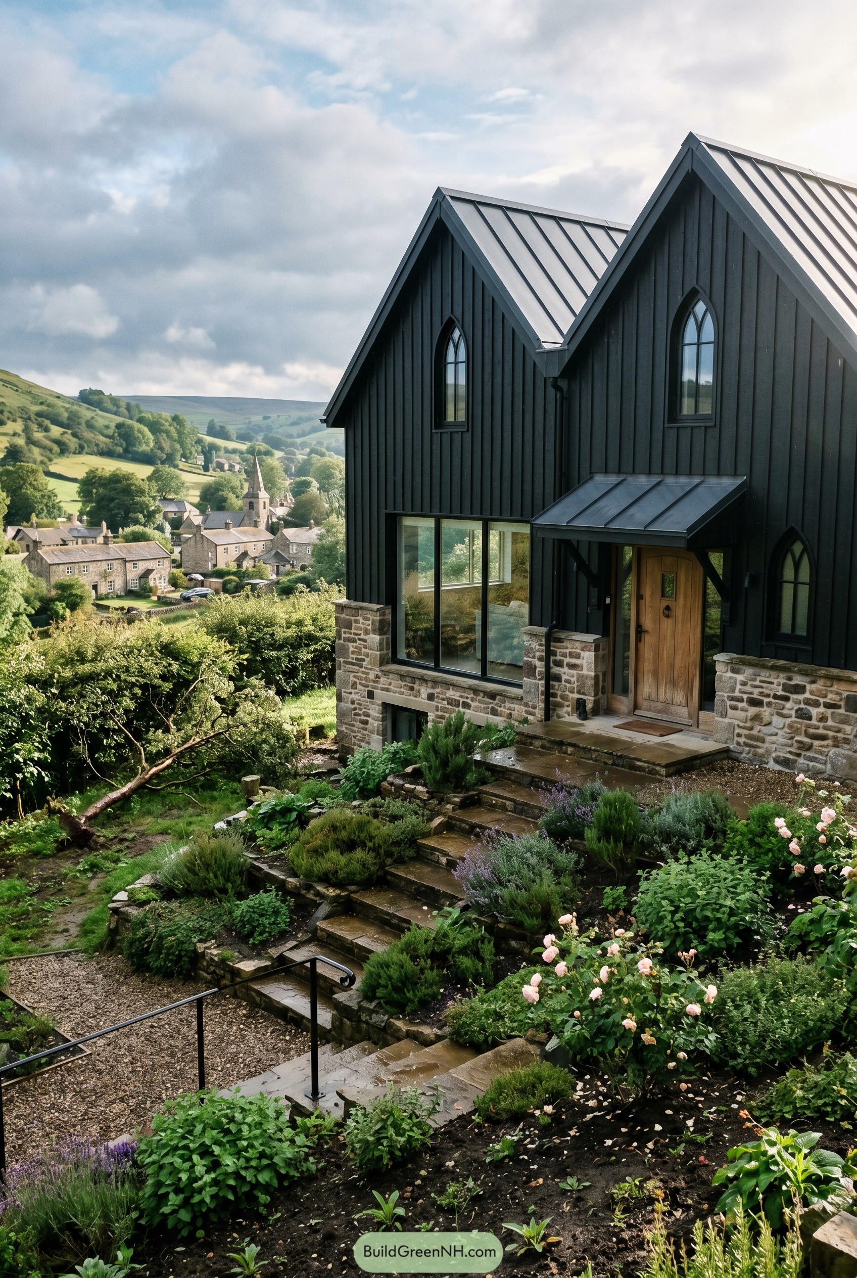Black twin gable house with arched windows and stone base