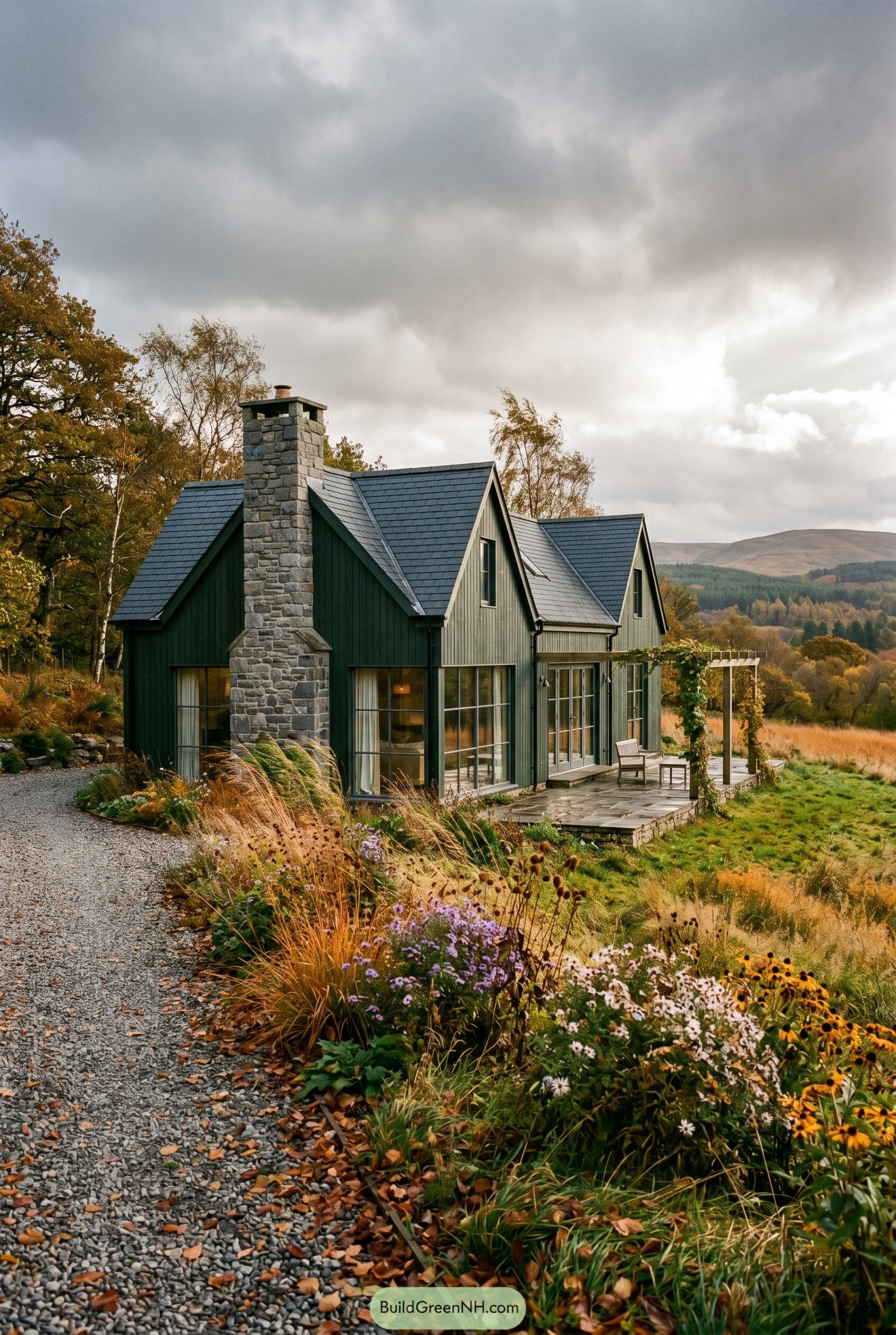 Dark green gabled cottage with stone chimney