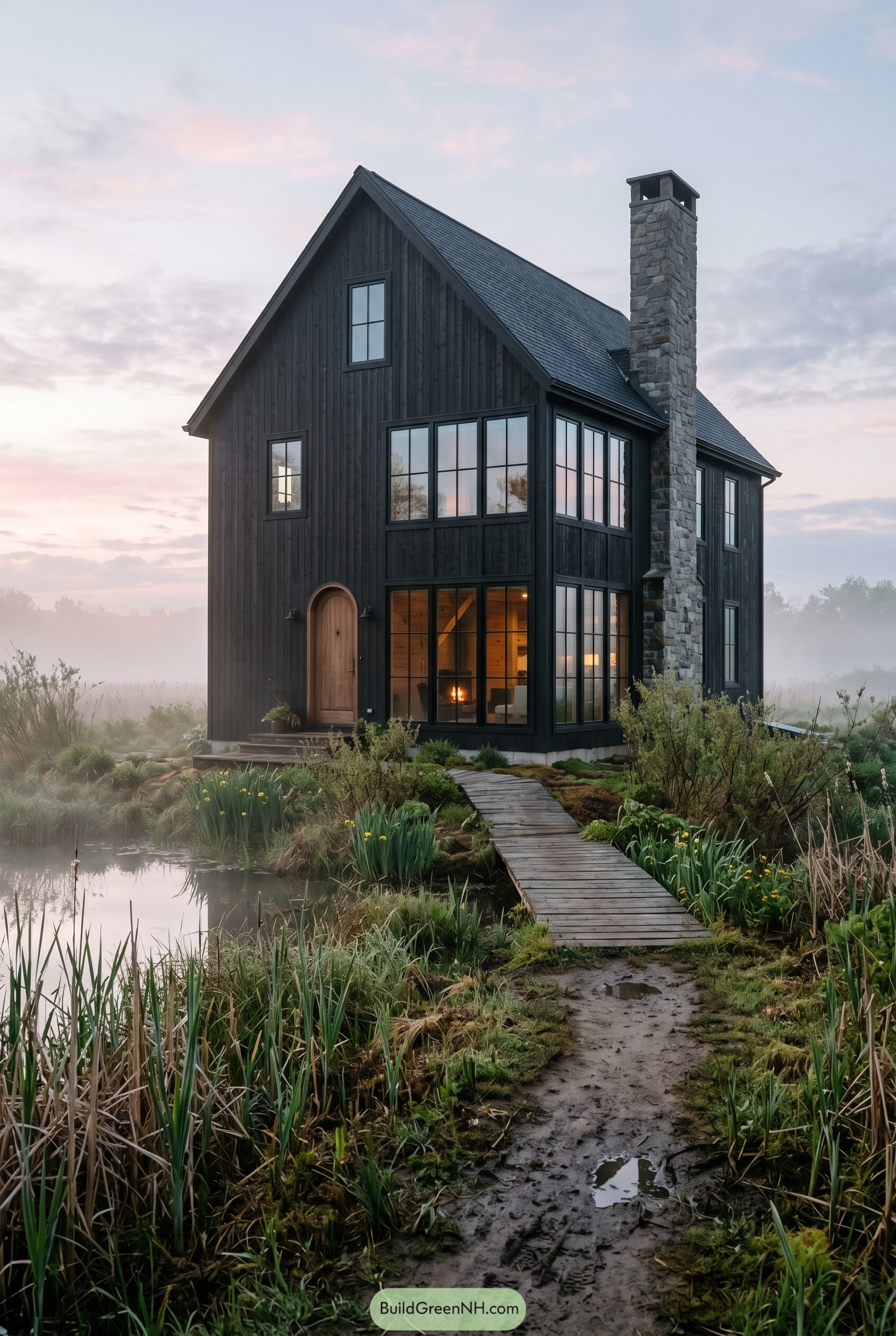 Black gable cottage with stone chimney by a misty pond