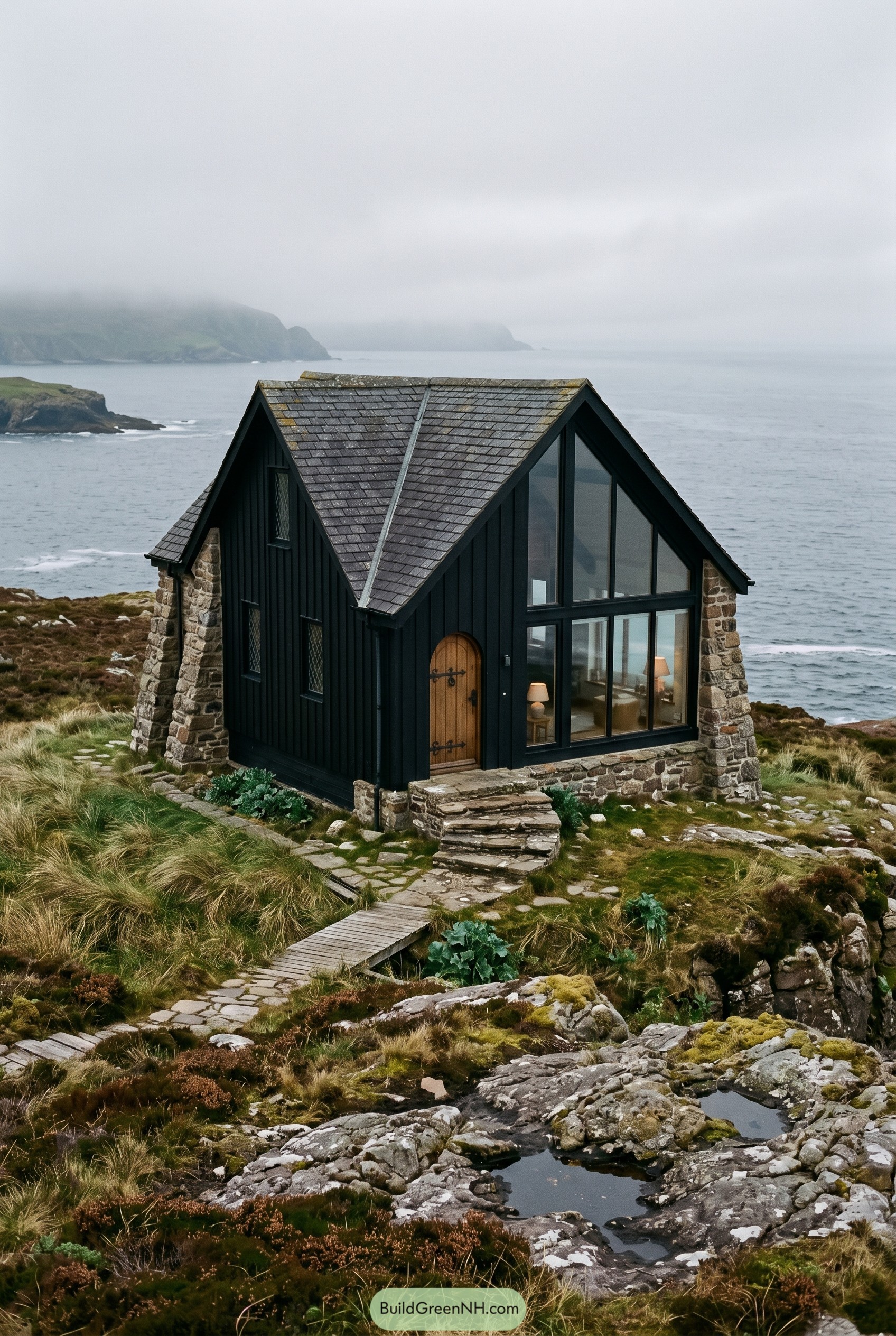Black gable cottage on rocky coast