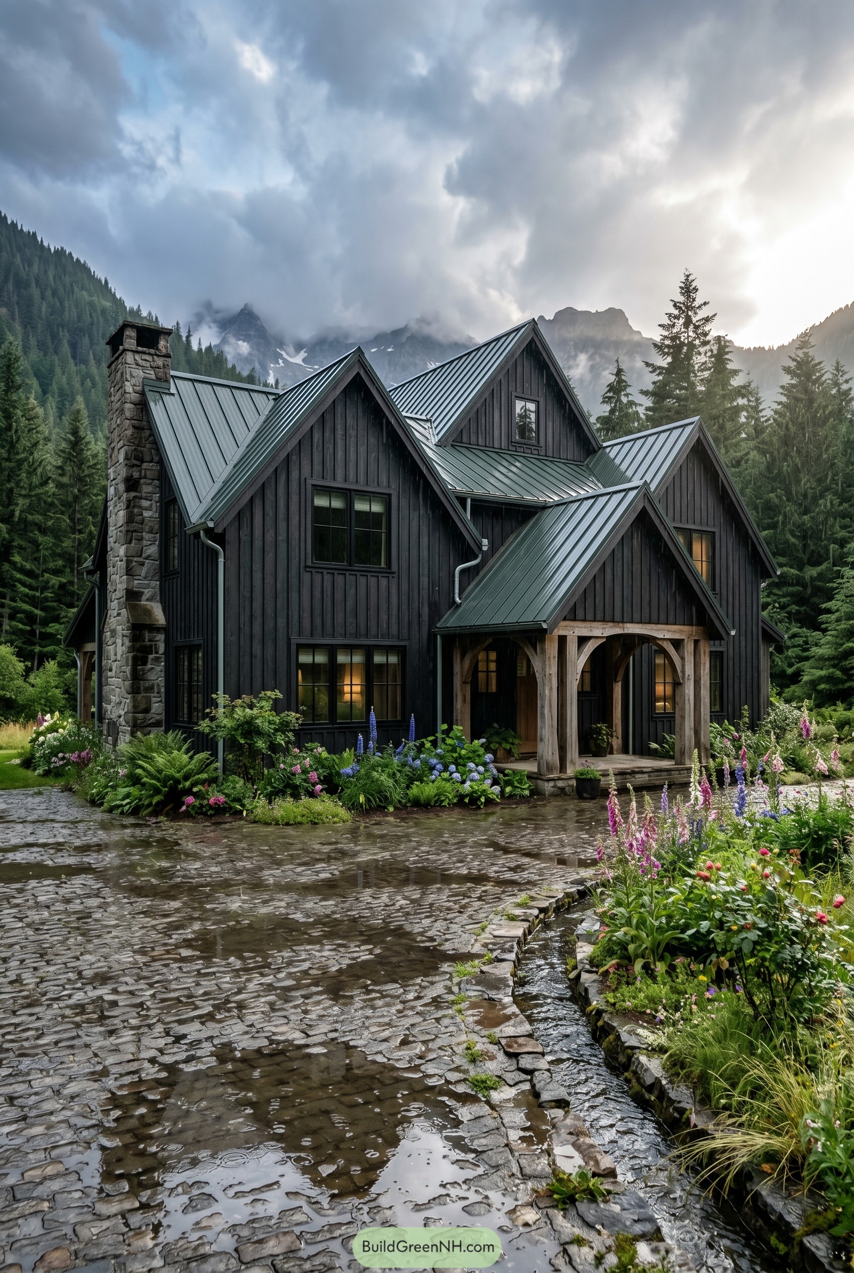 Dark gabled house with stone chimney in mountains