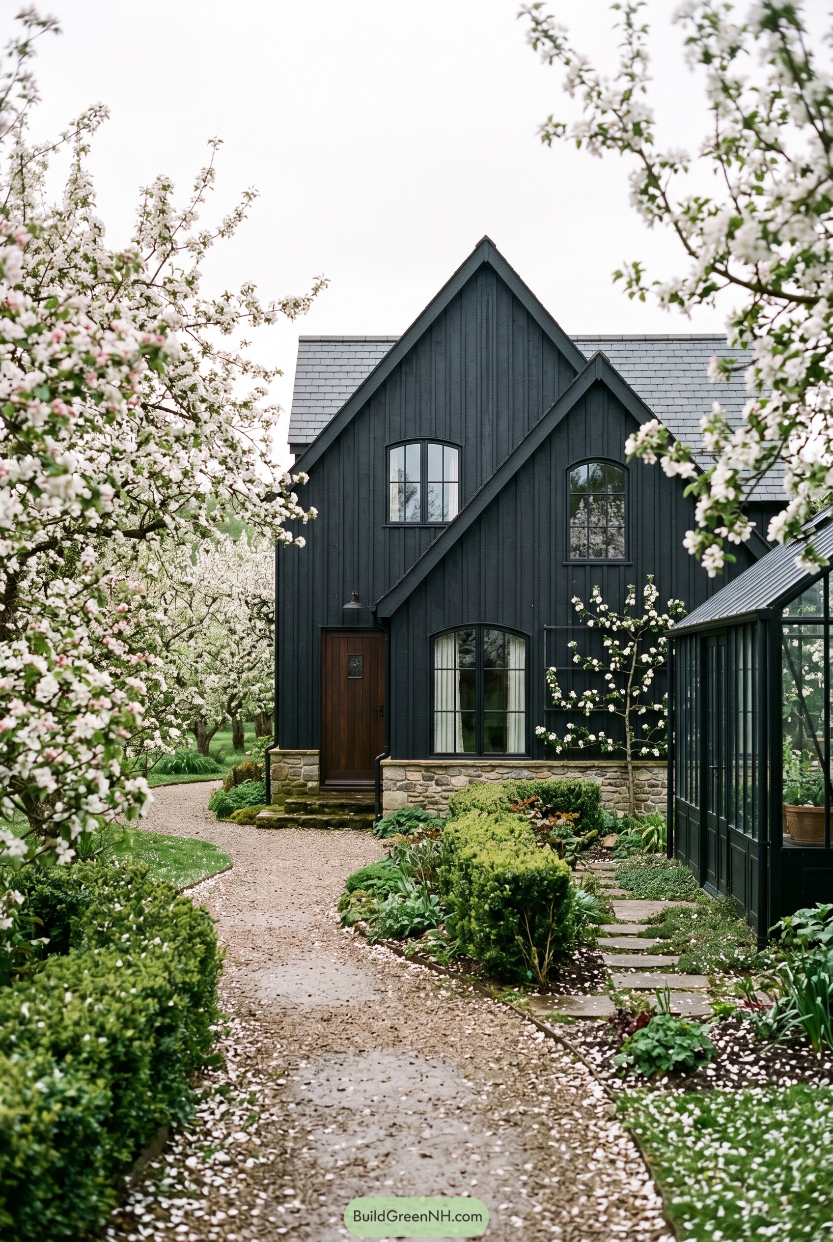 Dark gabled house with orchard blooms and glasshouse