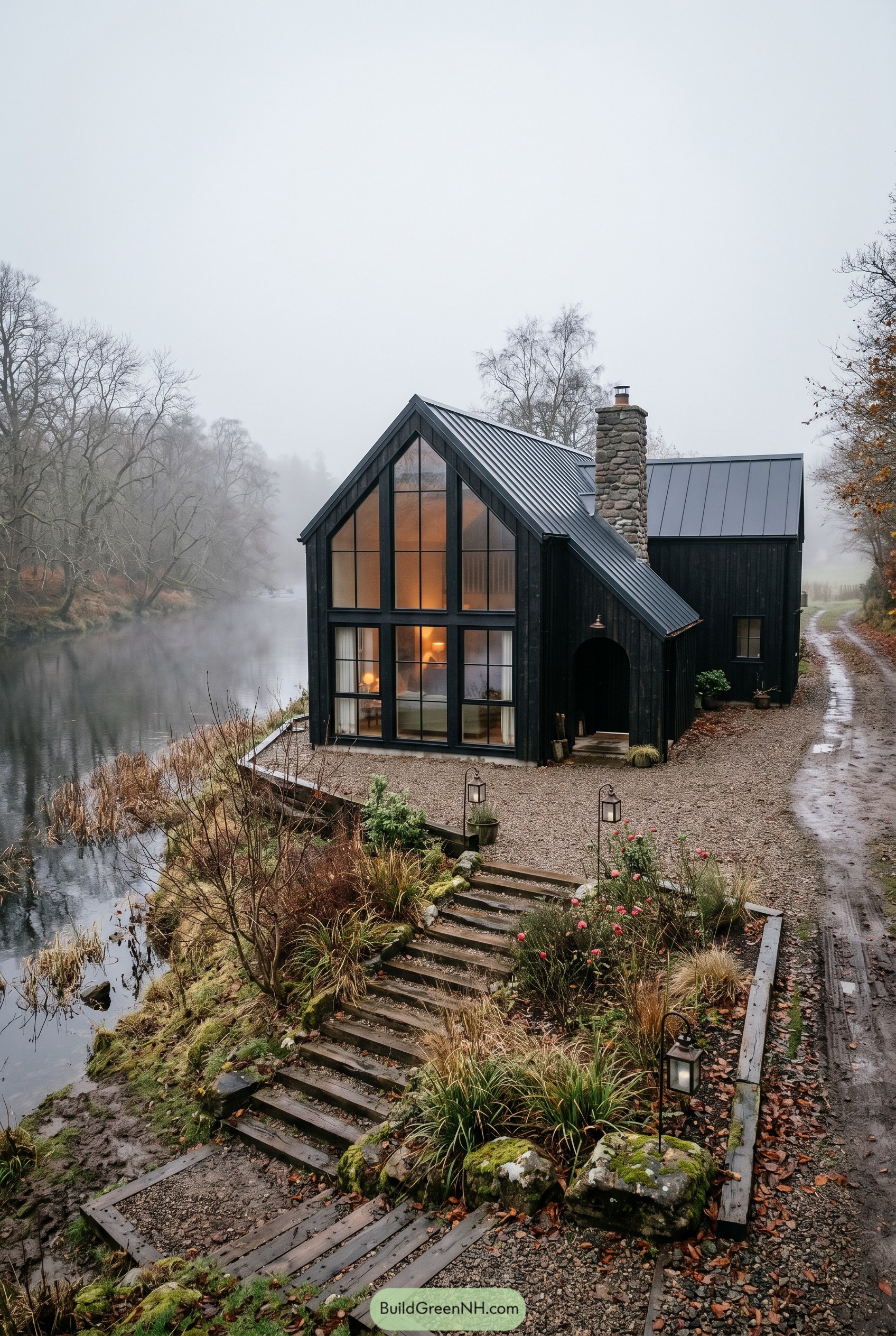 Black gable cottage beside a misty river