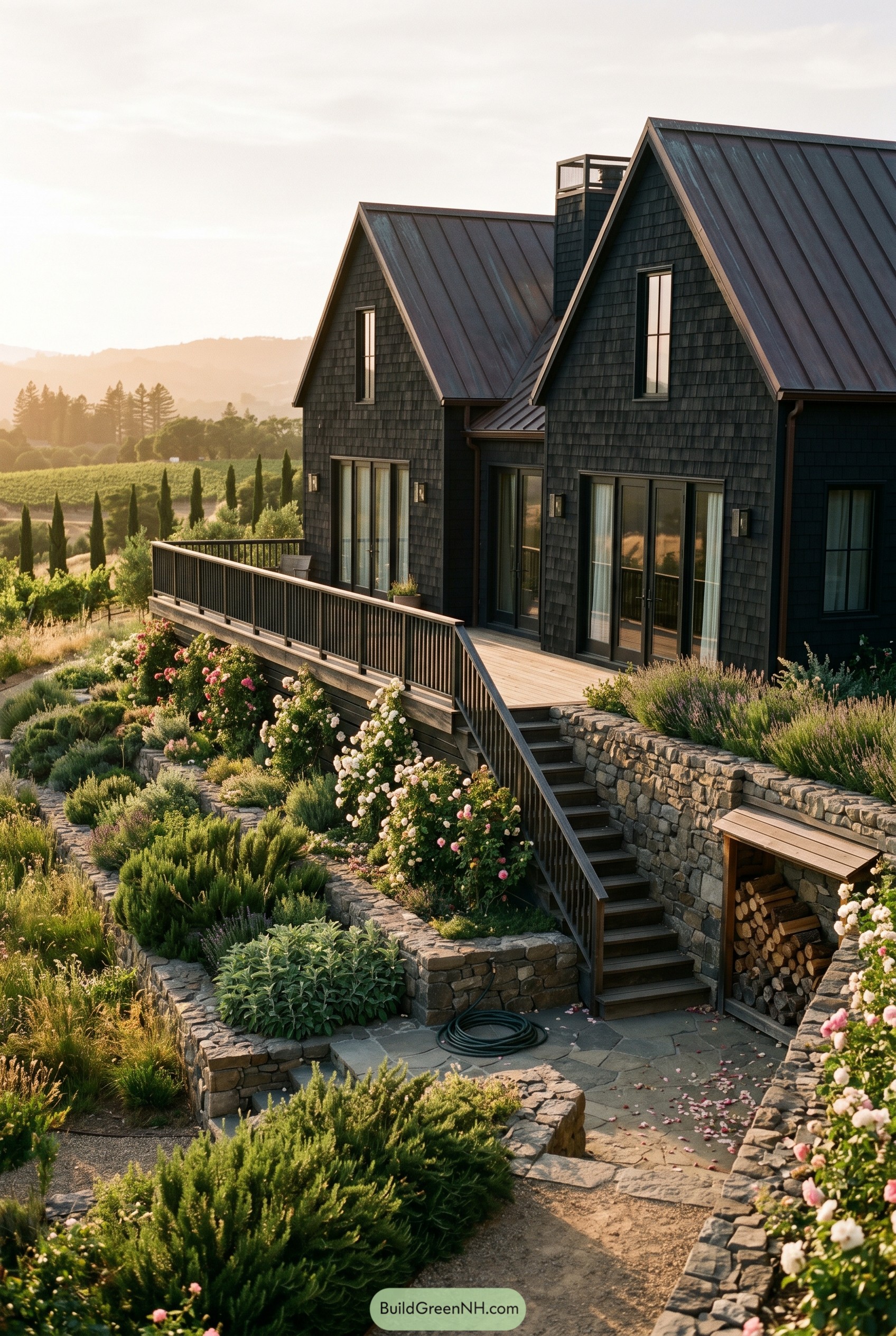 Black twin gable cottage with terraced stone garden