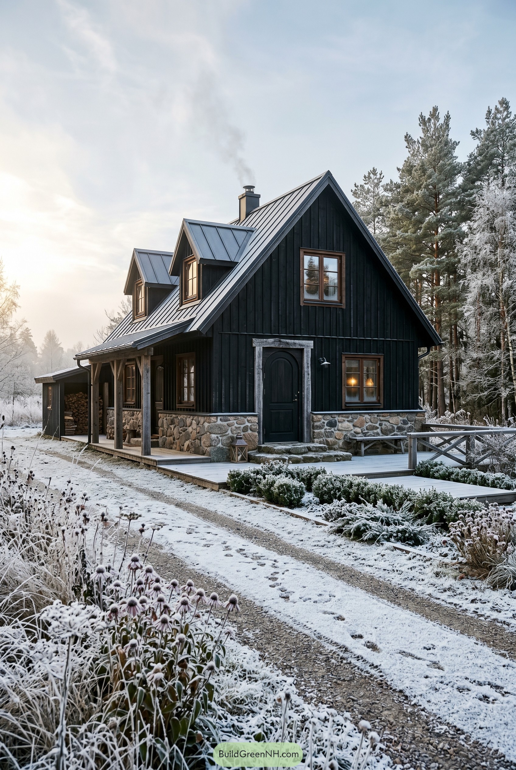 Black gable cottage with snowy garden