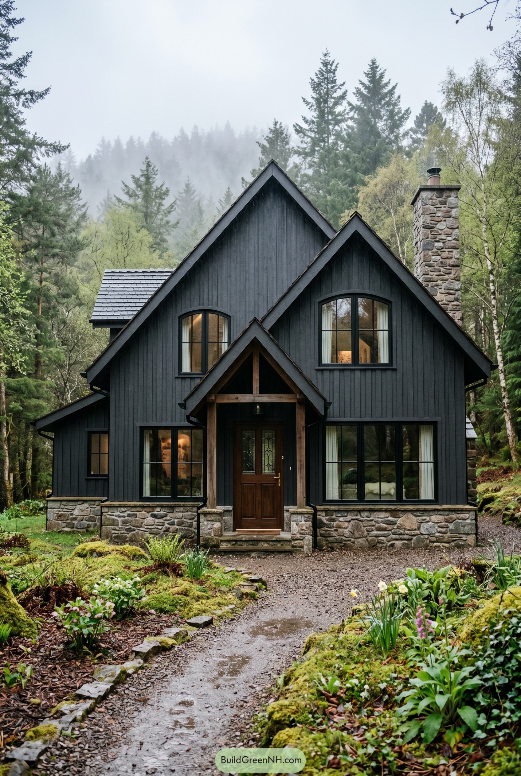 Black gabled cottage with stone chimney in a forest