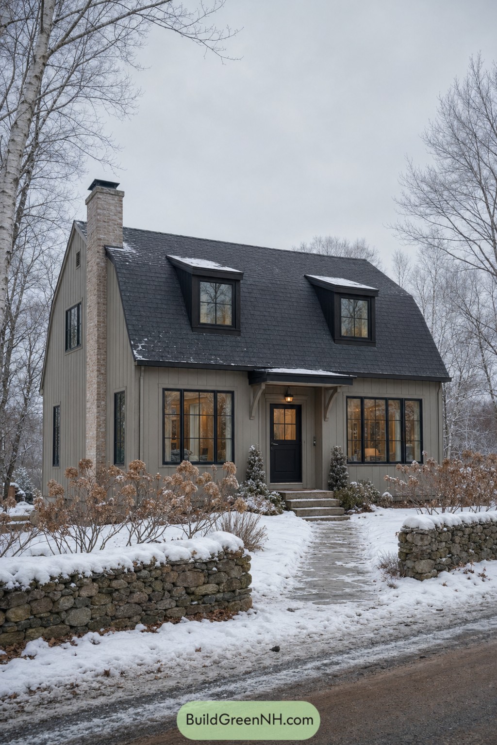 Gray Dutch colonial cottage with dormers in snow