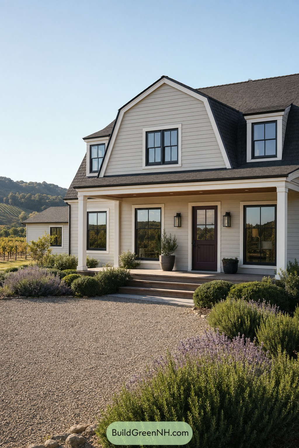 Cream Dutch colonial house with vineyard porch