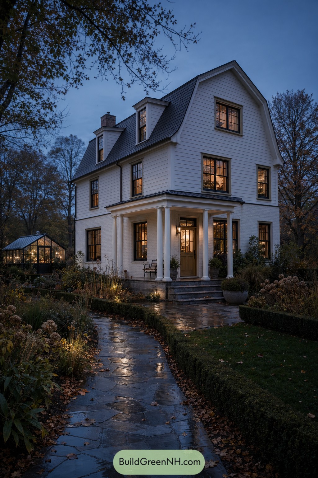 White Dutch colonial house with gambrel roof