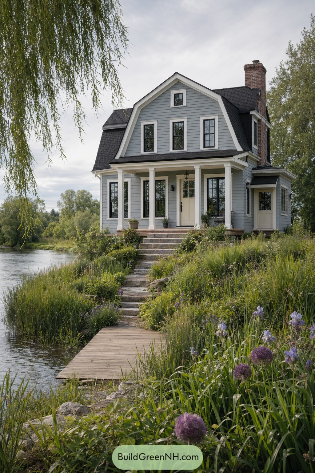 Blue gray Dutch colonial home by a river with a dock
