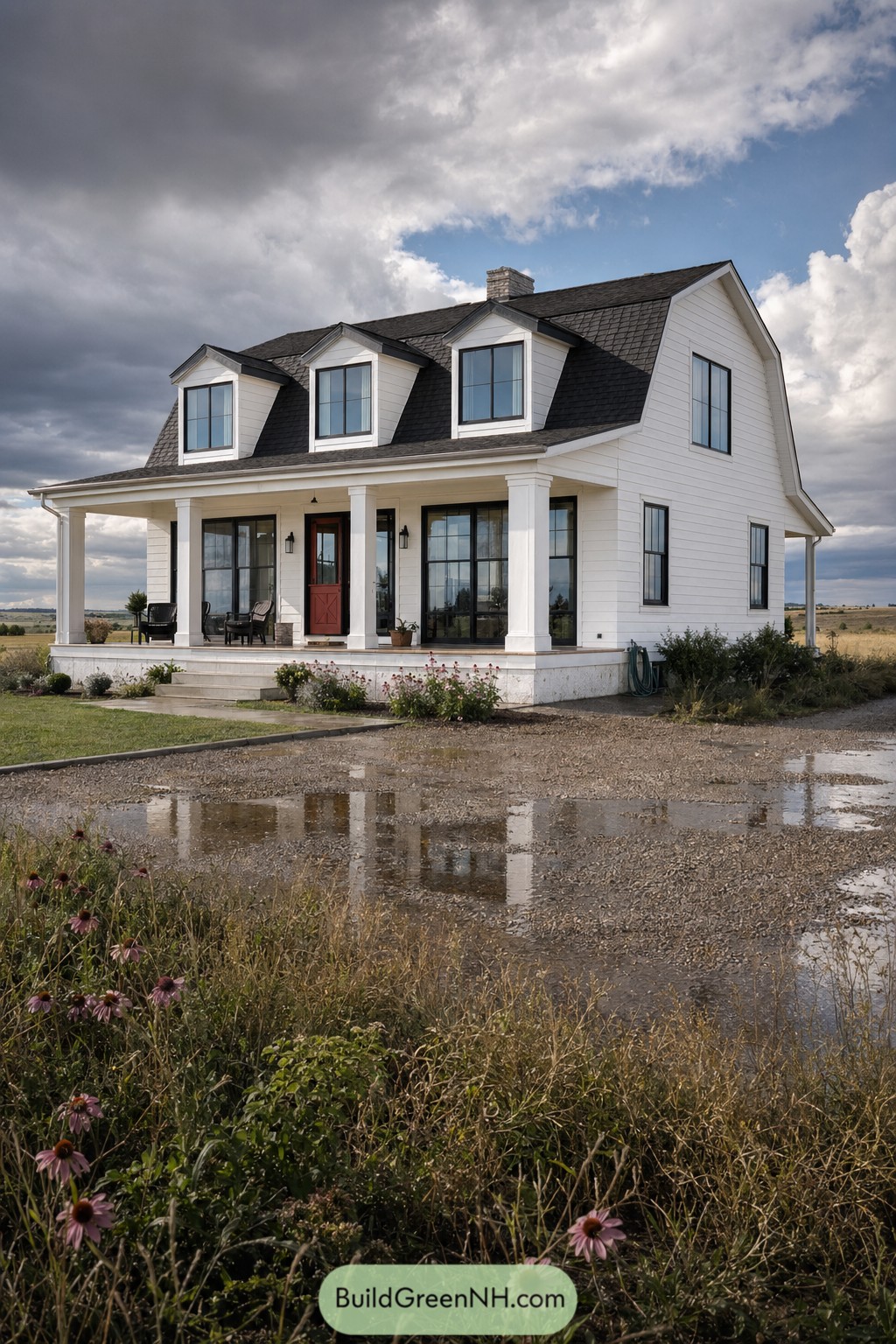 White Dutch colonial home with wraparound porch and dormers