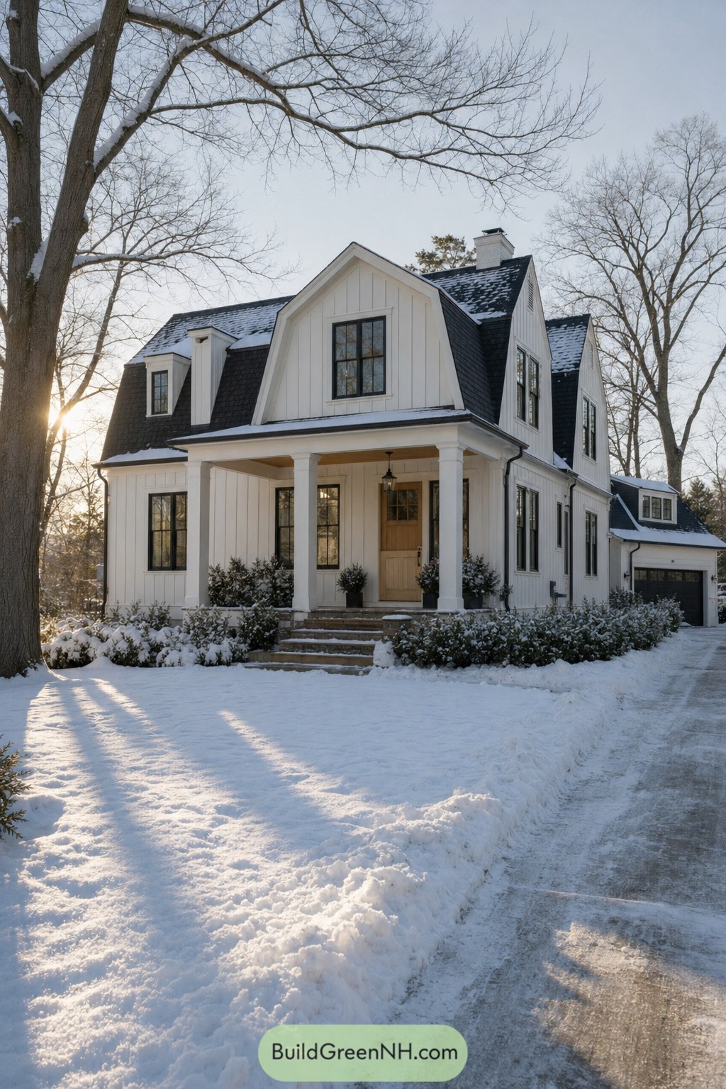 White Dutch colonial home with black gambrel roof in snow