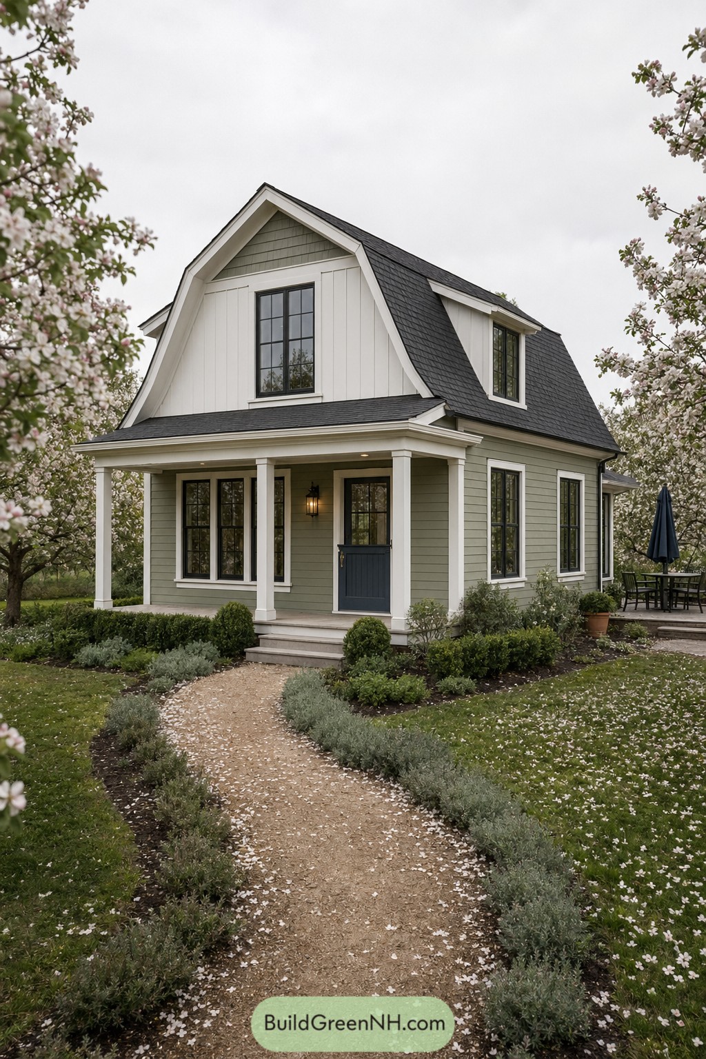 Sage green Dutch colonial home with gambrel roof and front porch