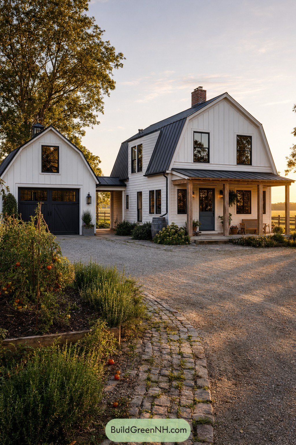 White Dutch colonial home with black metal gambrel roof and porch