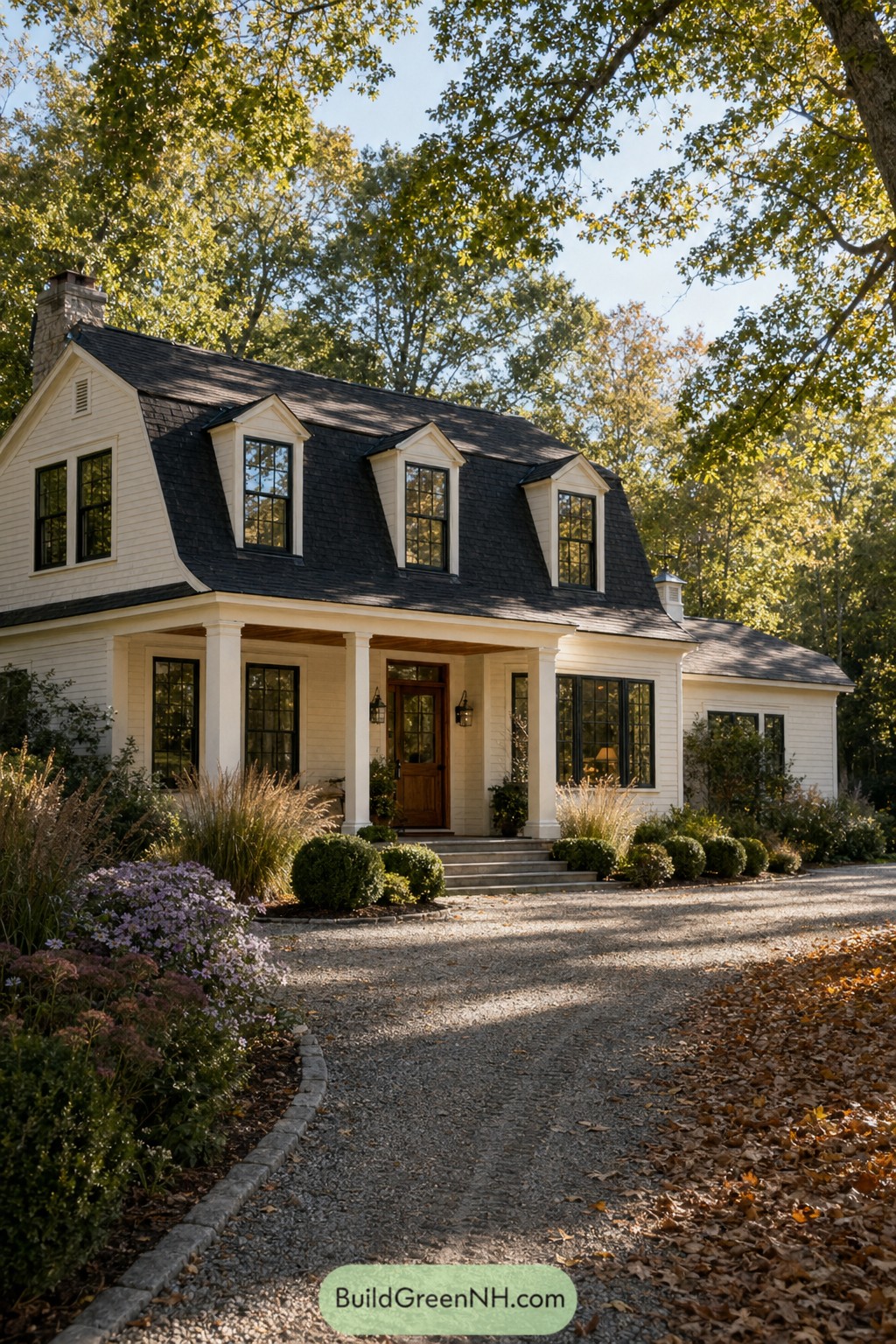 White Dutch colonial house with gambrel roof and porch