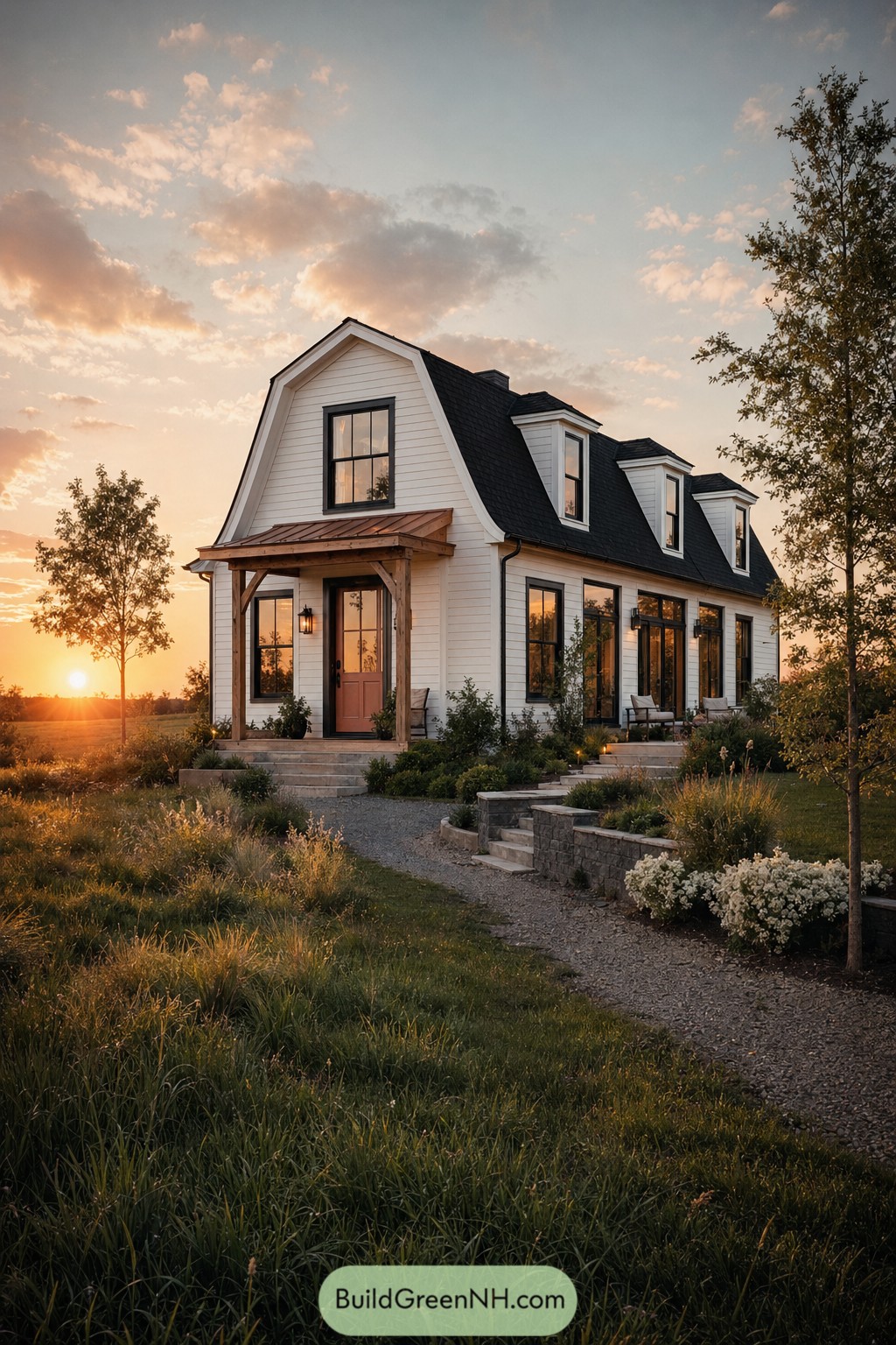 Modern Dutch colonial house with dormers at sunset