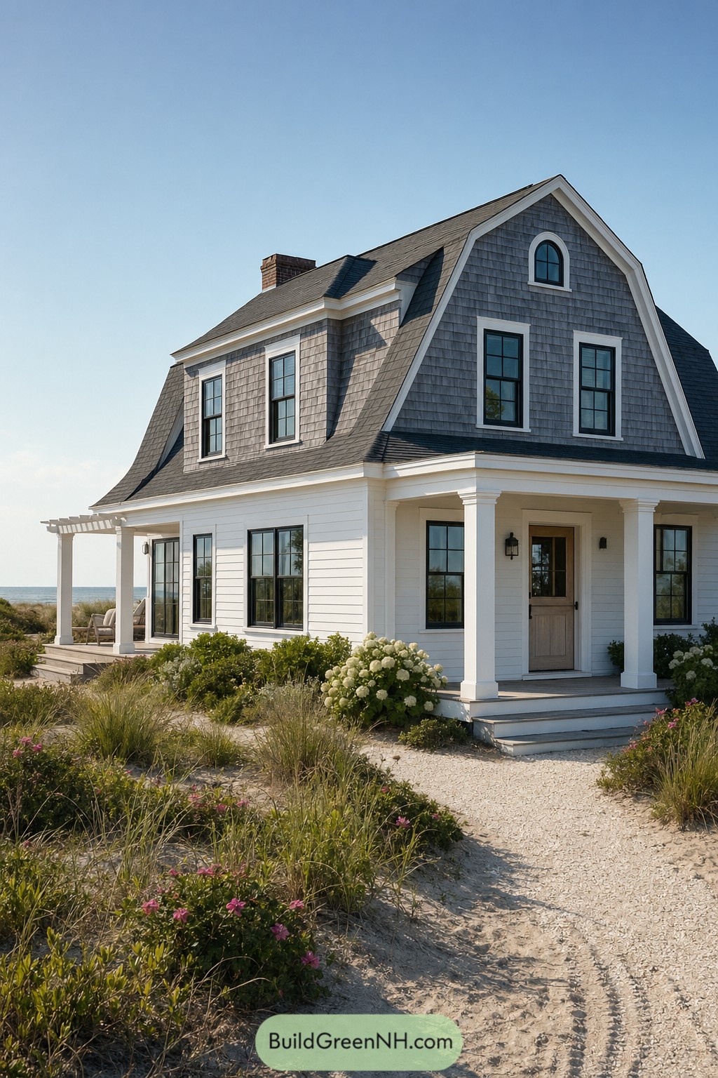 Coastal Dutch colonial home with gambrel roof and porch