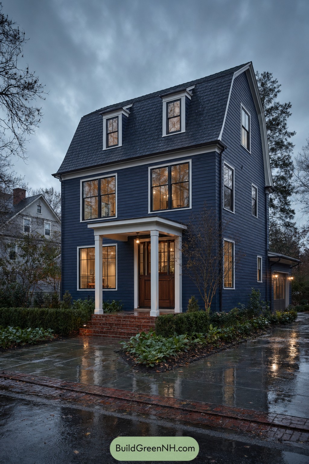 Navy Dutch Colonial house with gambrel roof