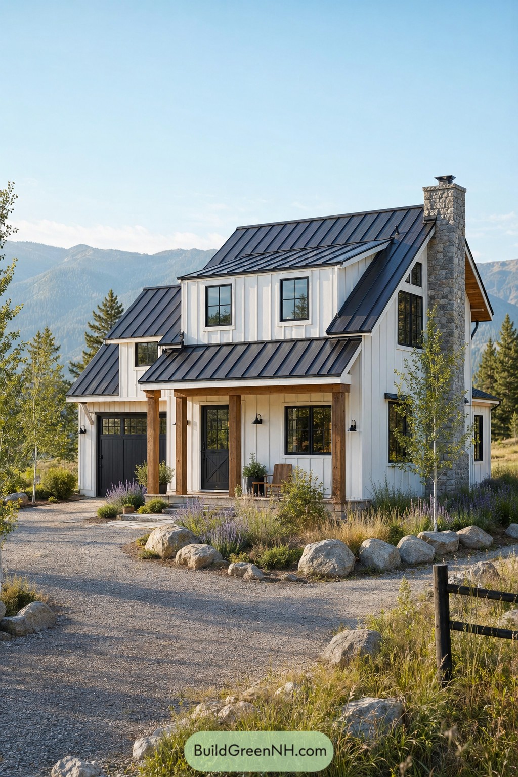 White Dutch colonial house with black metal roof and stone chimney