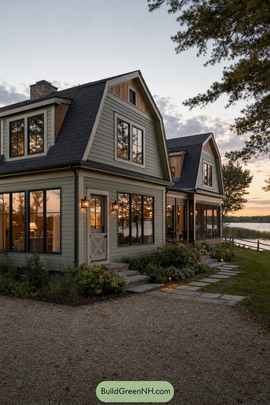 Modern Dutch colonial lake house with gambrel roof