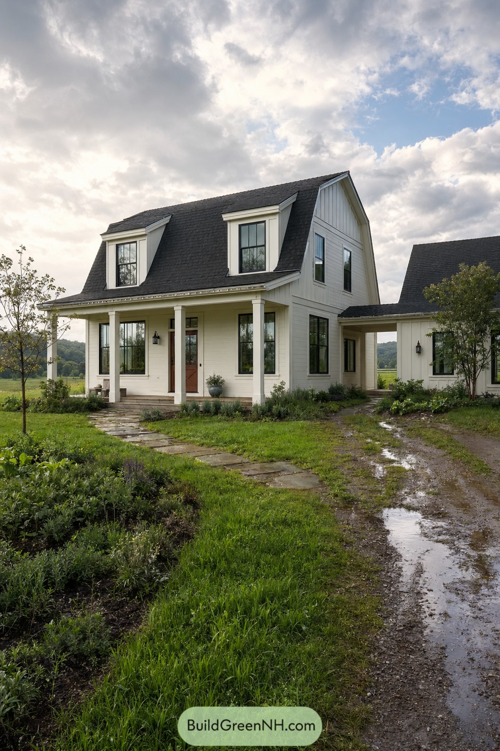 White Dutch colonial house with porch and dormers