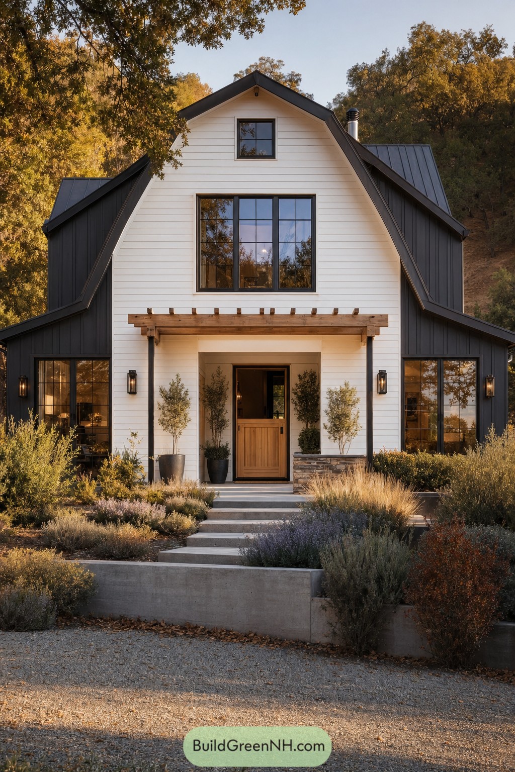 Black and white Dutch colonial home with wood entry