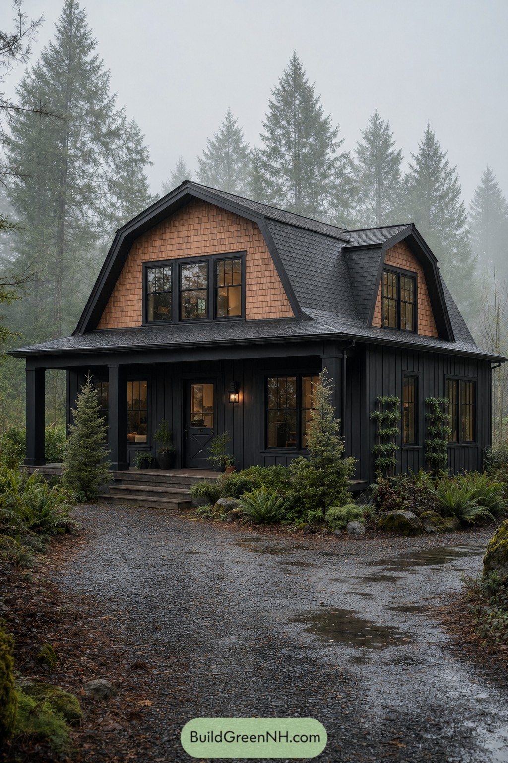 Modern black Dutch colonial house in misty woods