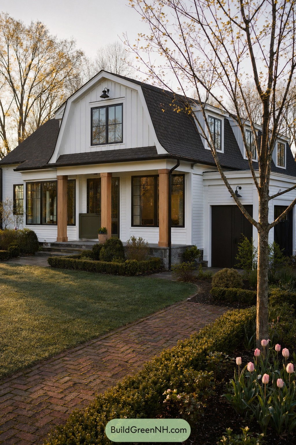 White modern Dutch Colonial house with gambrel roof and front porch